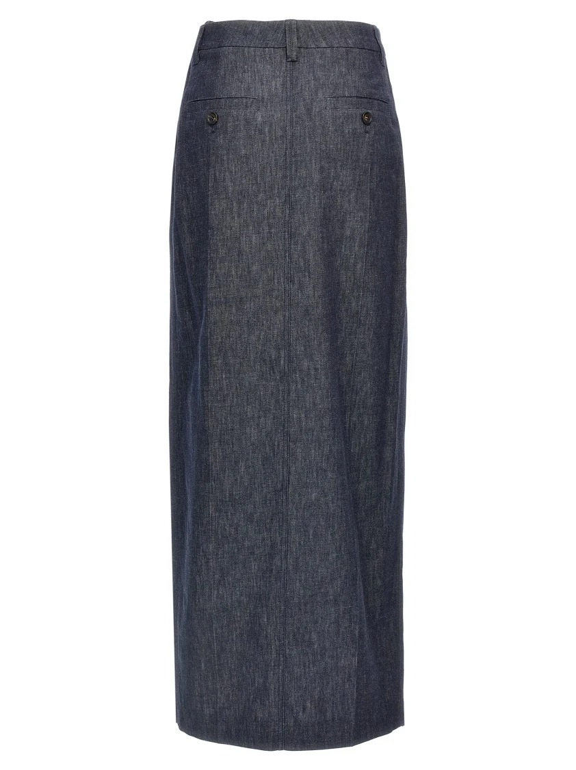 Longuette Cotton Denim Skirt With Front Split
