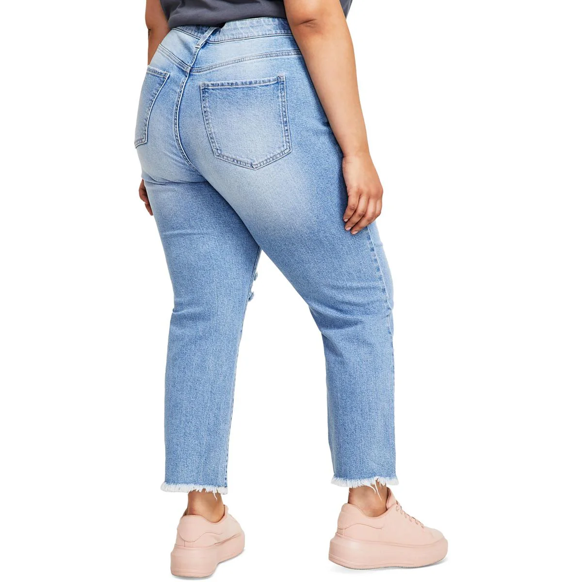 Womens High Rise Frayed Hem Straight Leg Jeans