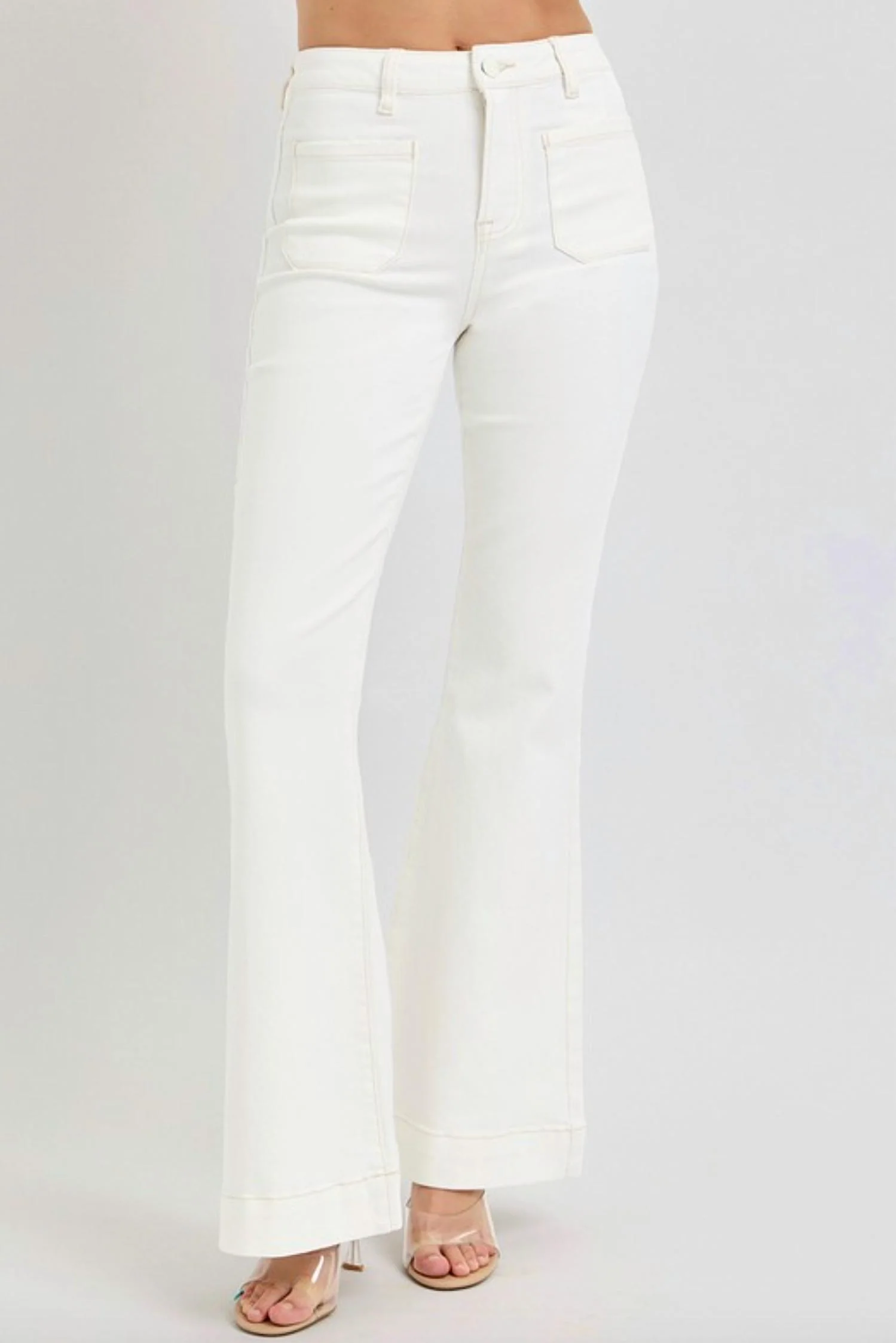 Patch Pocket Flare Jeans In Cream