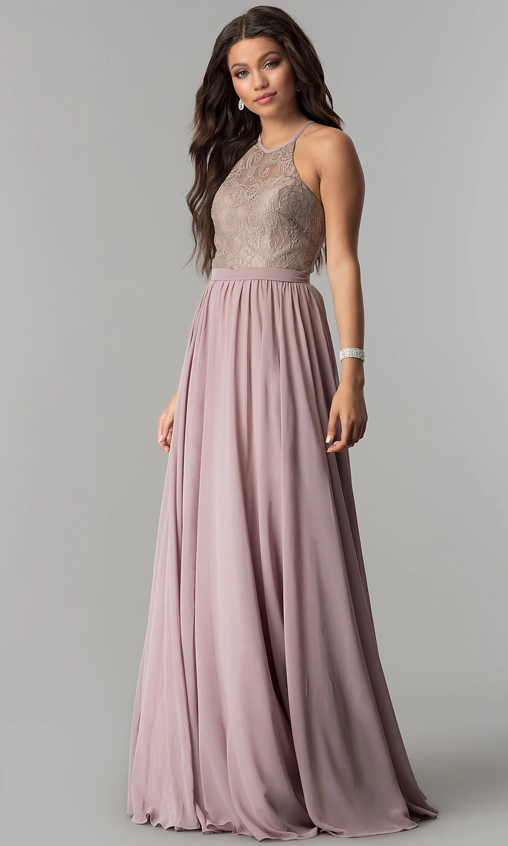 Lace-Bodice A-Line Long Chiffon Prom Dress