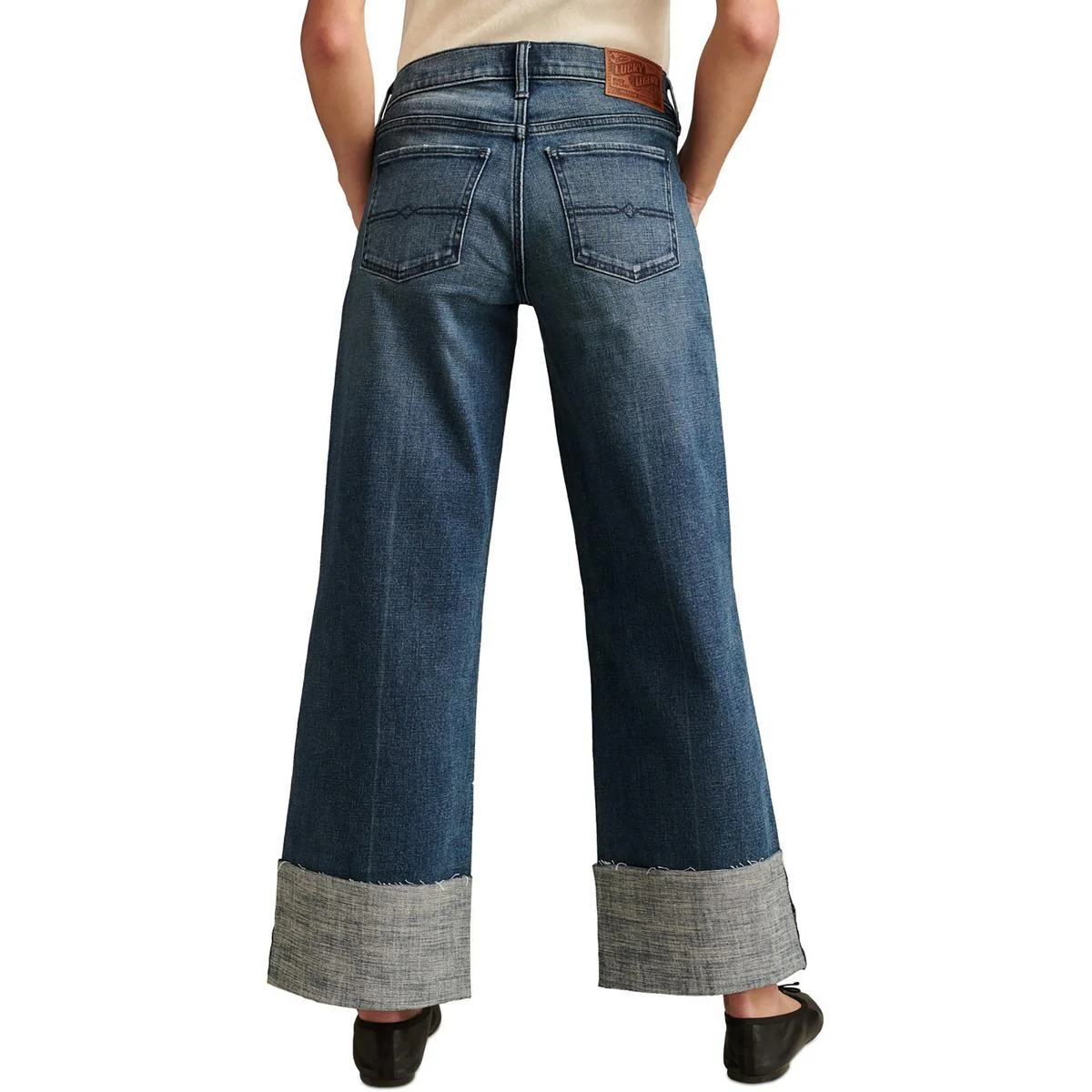 Womens Cuffed Denim Wide Leg Jeans