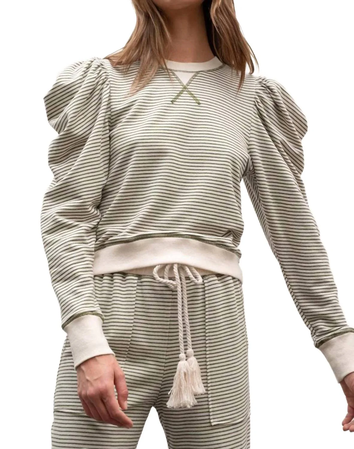 Striped Contrast Lounge Pajama Set In Olive Green