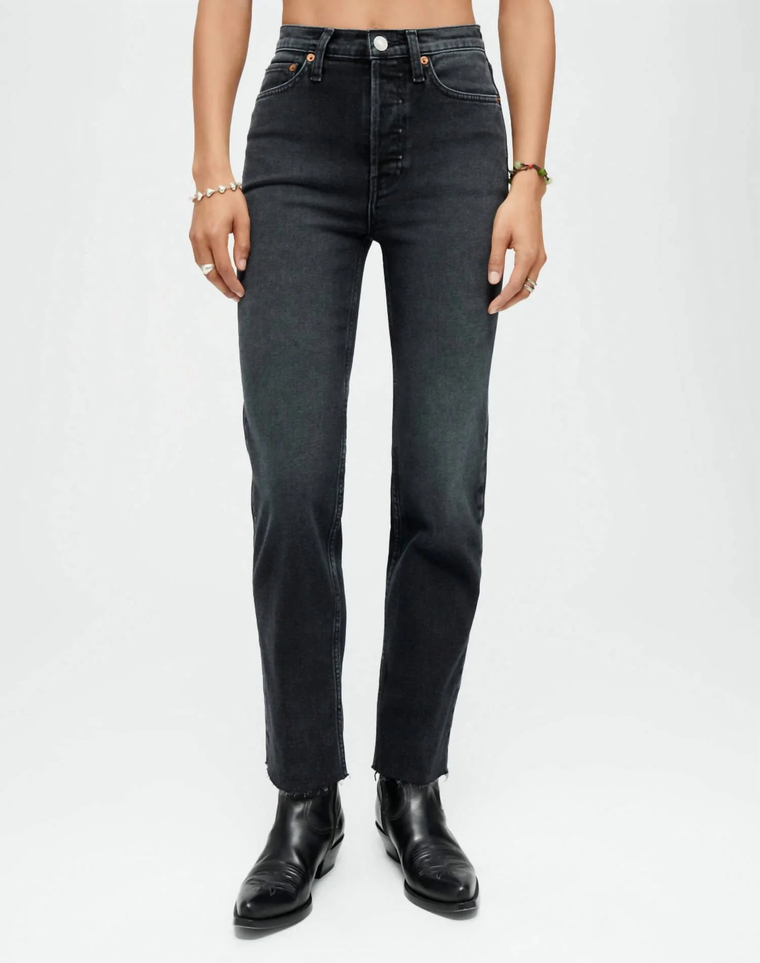 Comfort Stretch High Rise Stove Pipe Jeans In Washed Noir