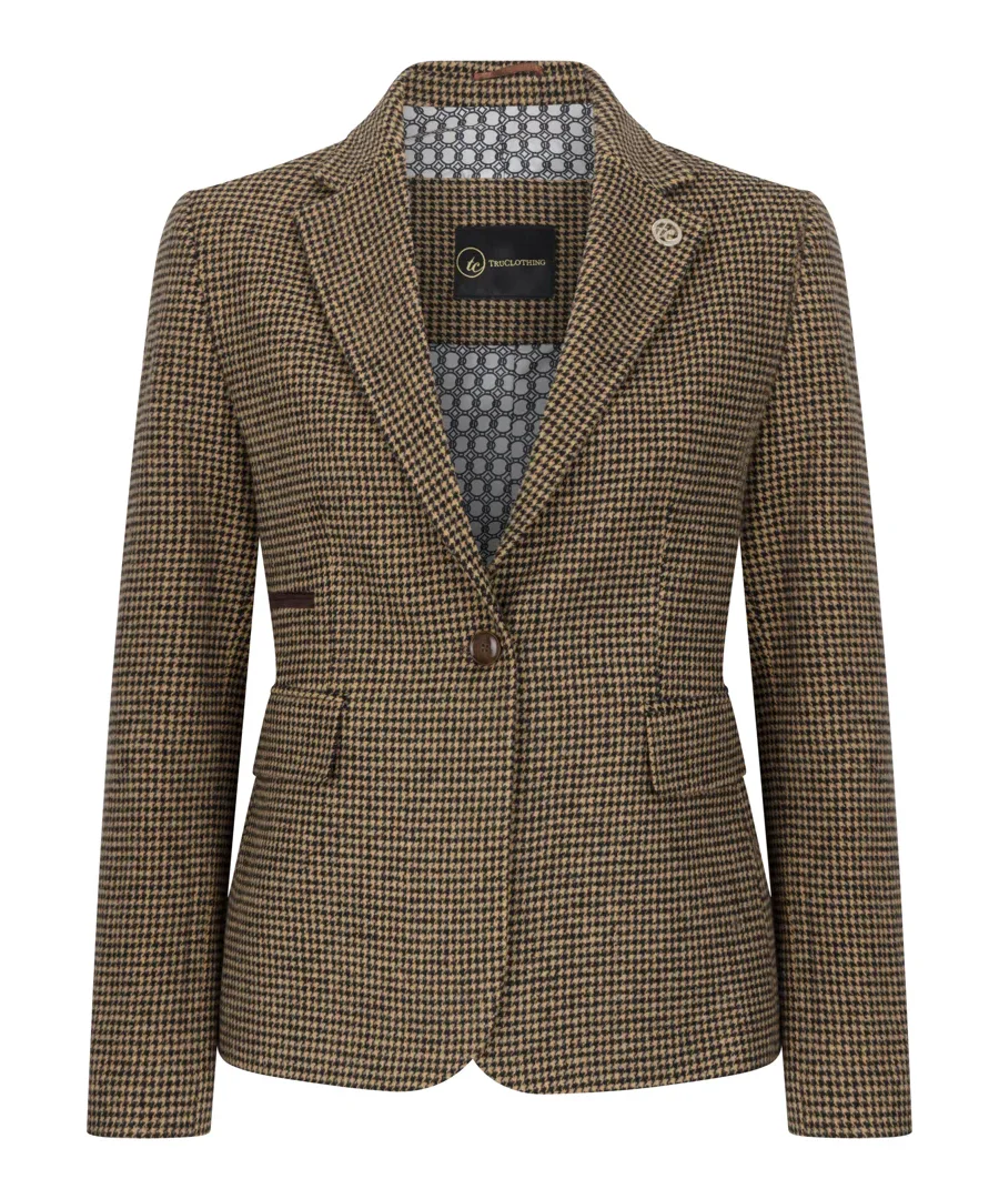 Blazer Wool Blend Brown Tweed Dogtooth Tailored Fit Jacket