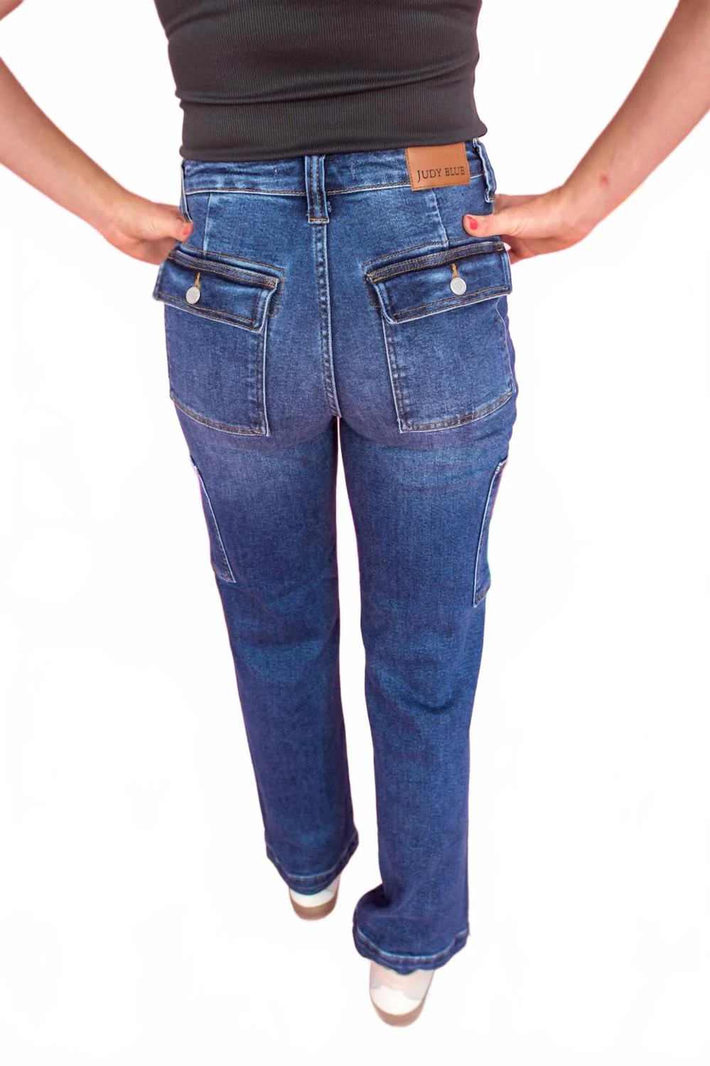 High Rise Cargo Denim Jeans In Dark Denim