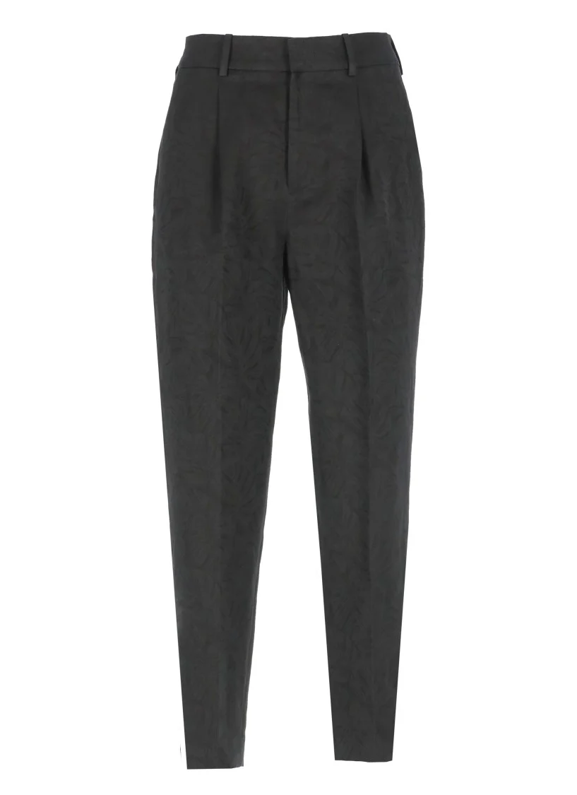 Palazzo Pants In Black Linen And Cotton With Floral Pattern