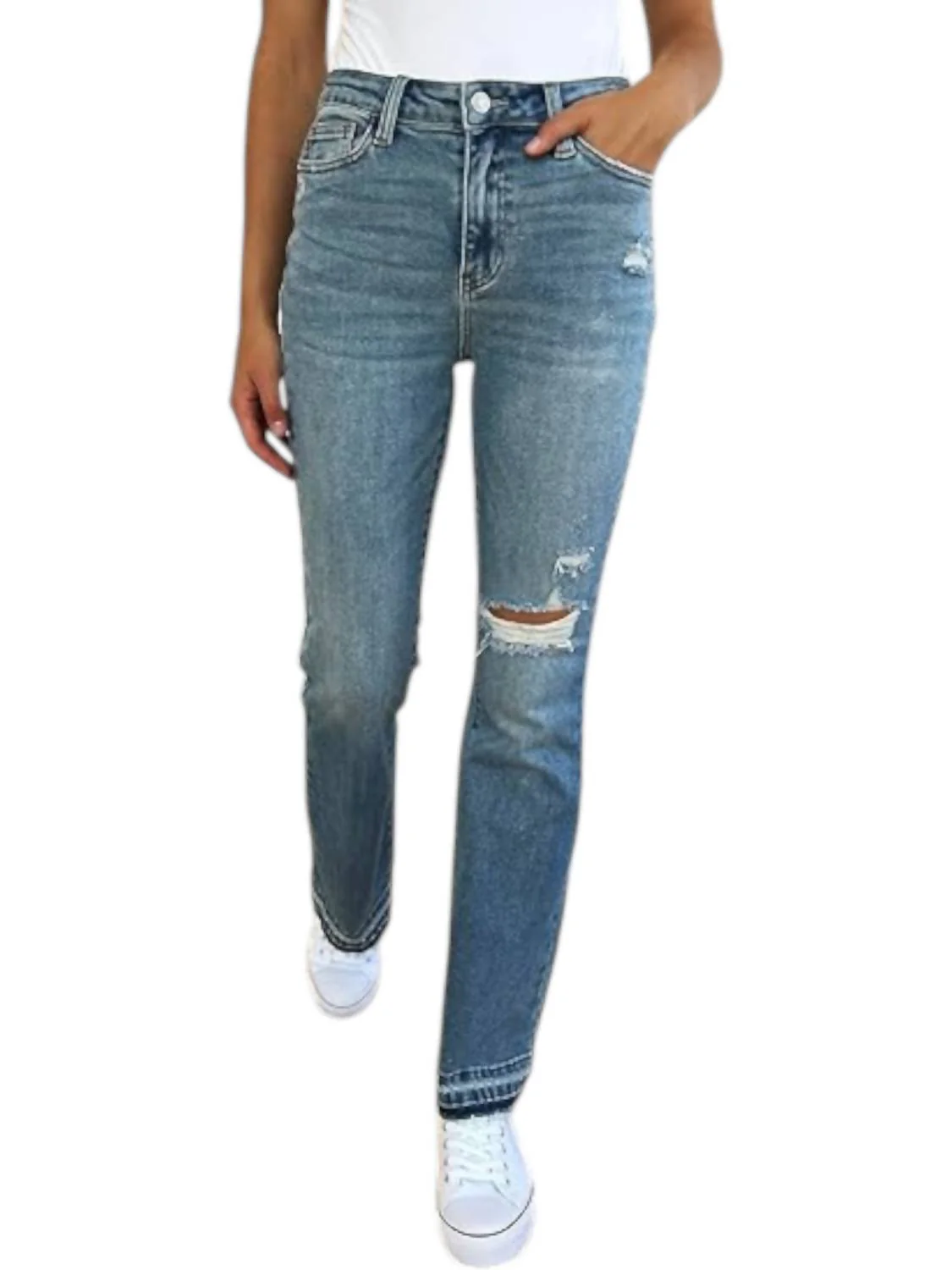 Destroy & Released Hem Bootcut Jeans In Medium Wash