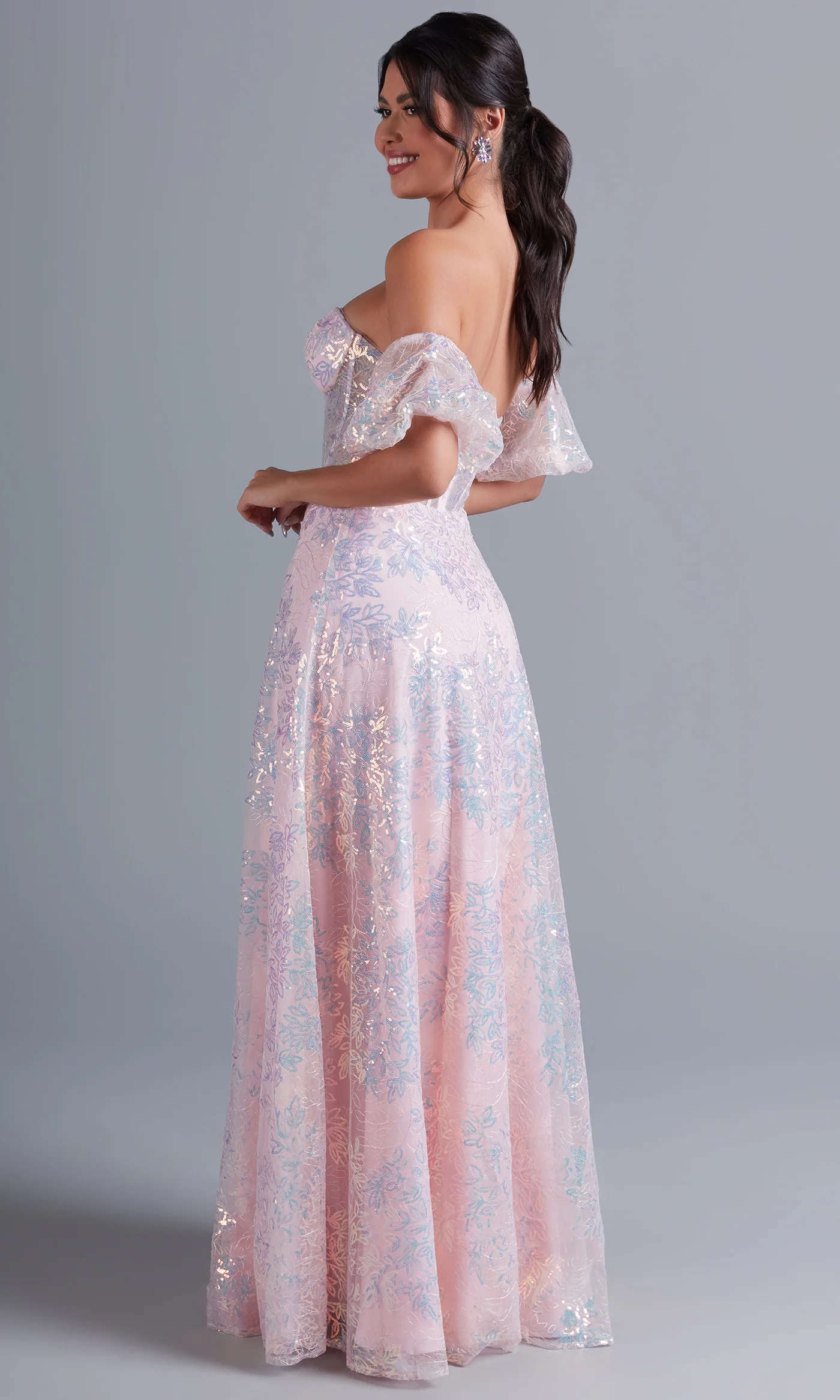 Puff-Sleeve Blush Pink Long Sequin Formal Dress