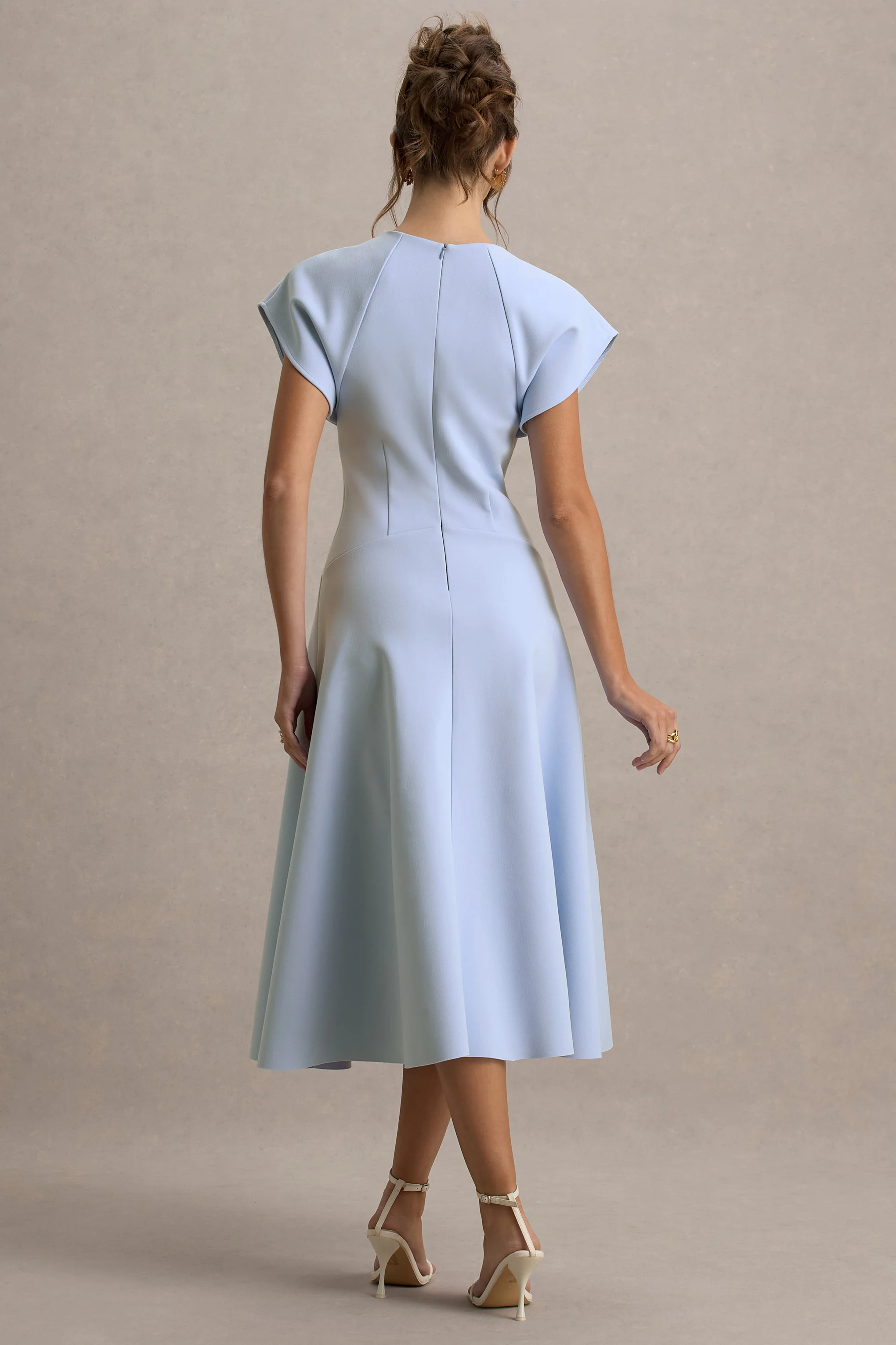 Linda | Powder Blue High-Neck Cap-Sleeve Midi Dress