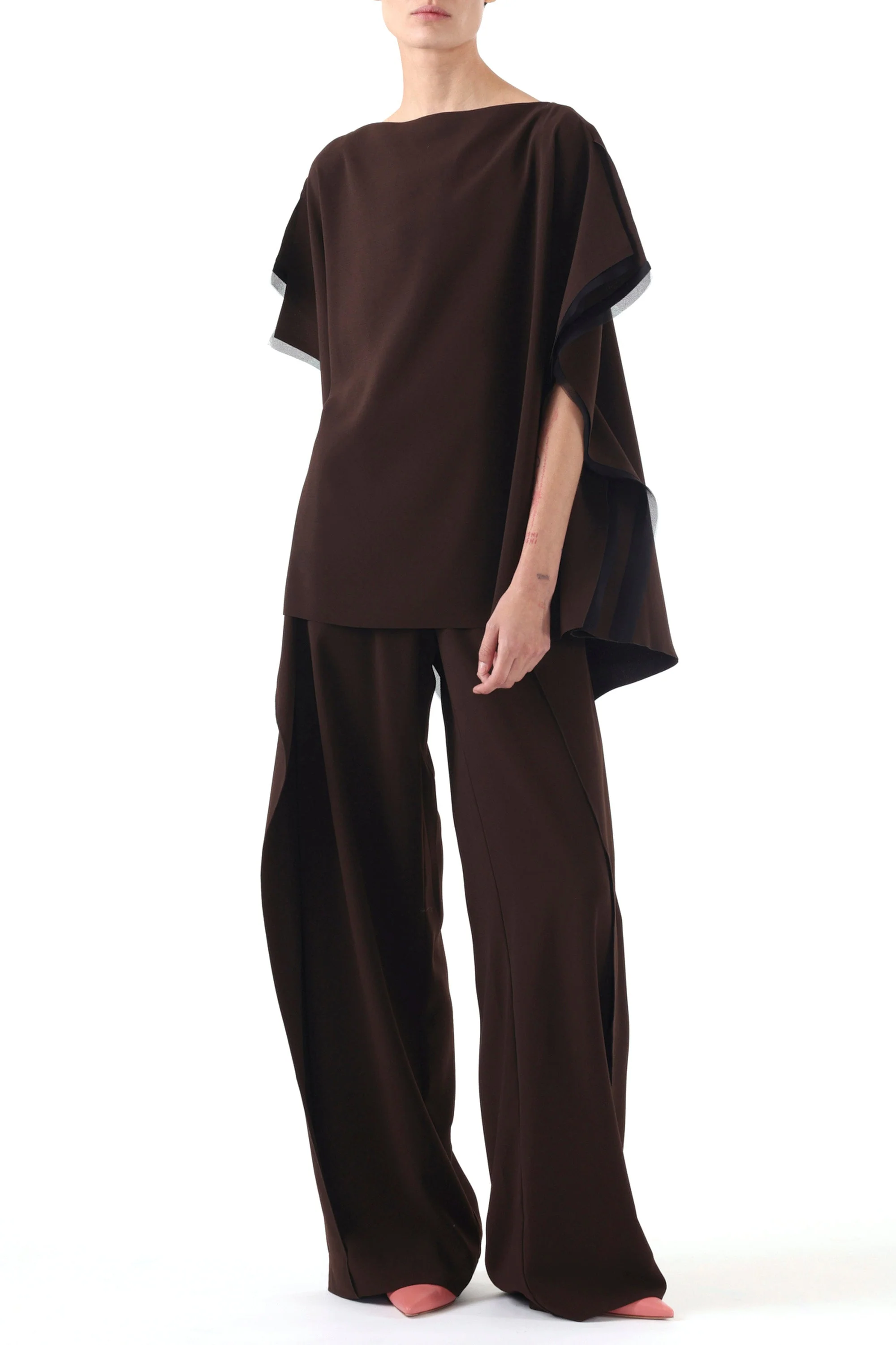 MID RISE CREPE STRAIGHT LEG PANTS WITH SIDE RUFFLE