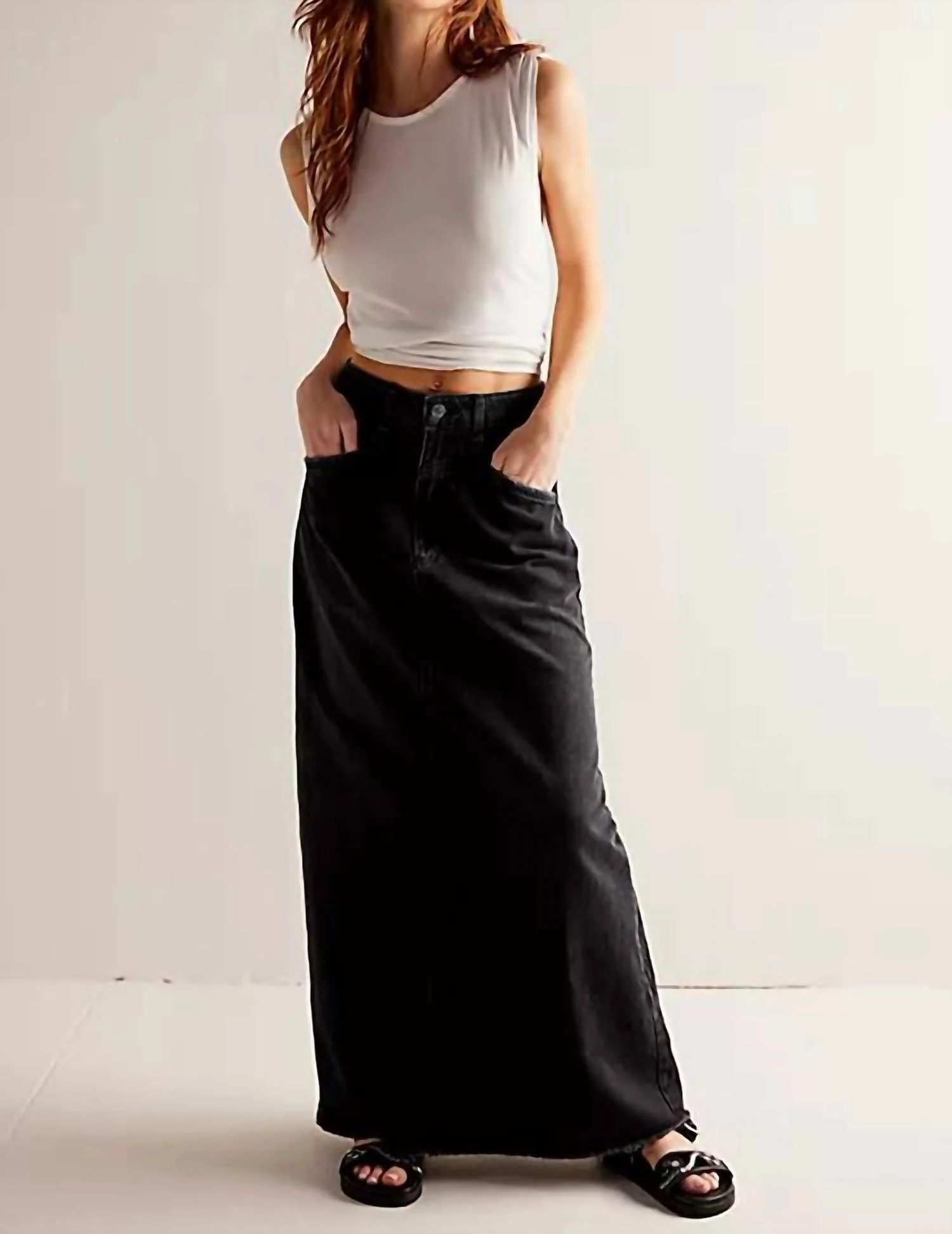 Come As You Are Denim Maxi Skirt In Black