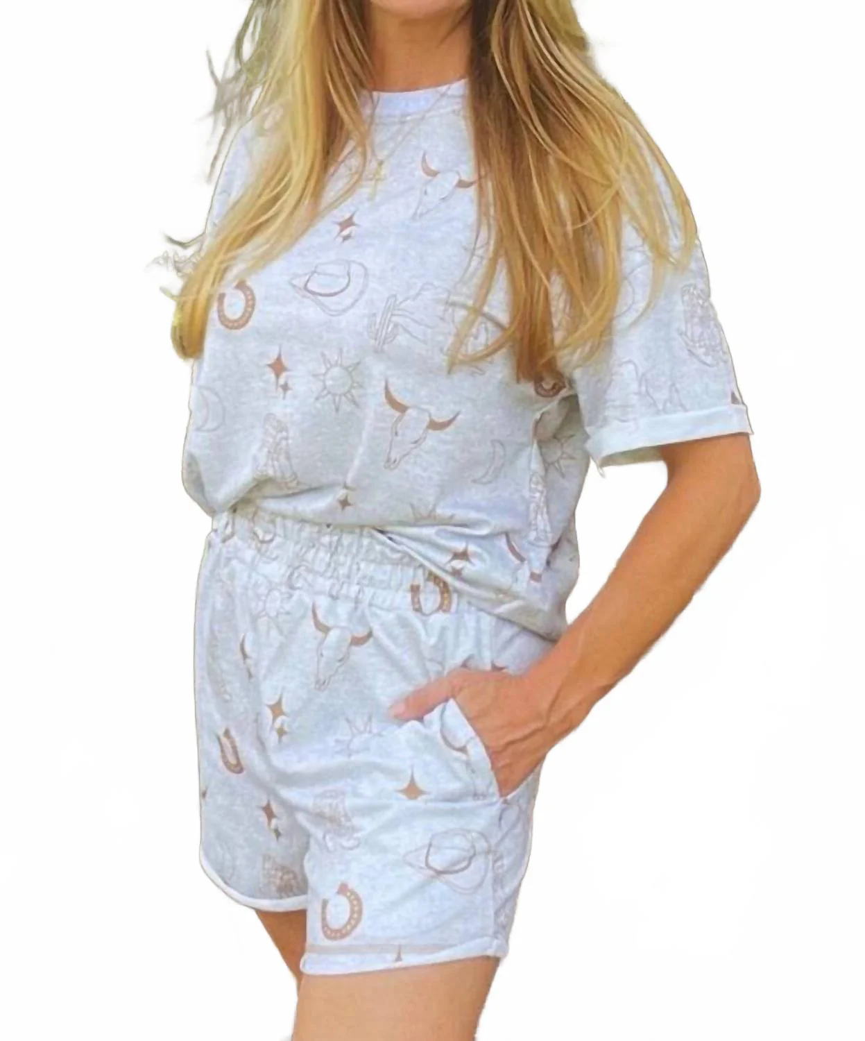 Western Fashion Printed T-Shirt And Elastic Waist Shorts Set In Blue