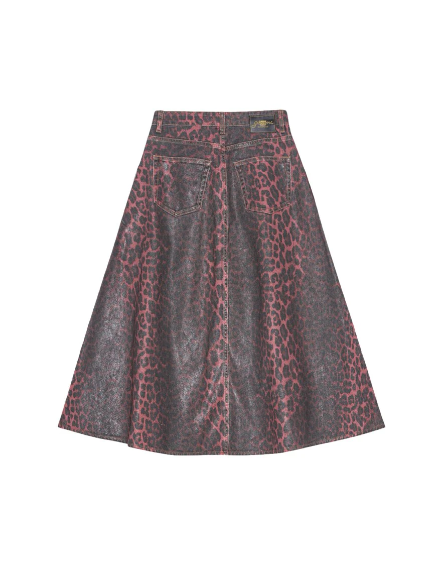 Leopard Print Foil Denim Midi Skirt