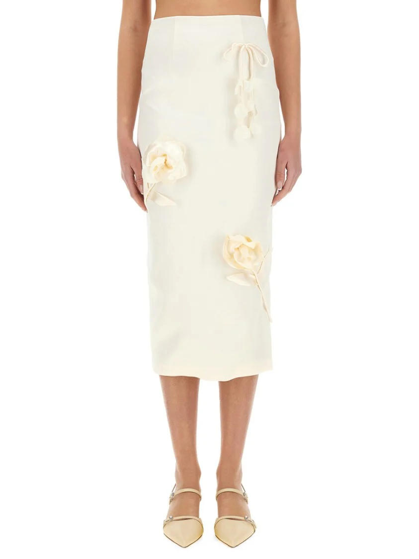 Satin Midi Skirt With 3D Flowers