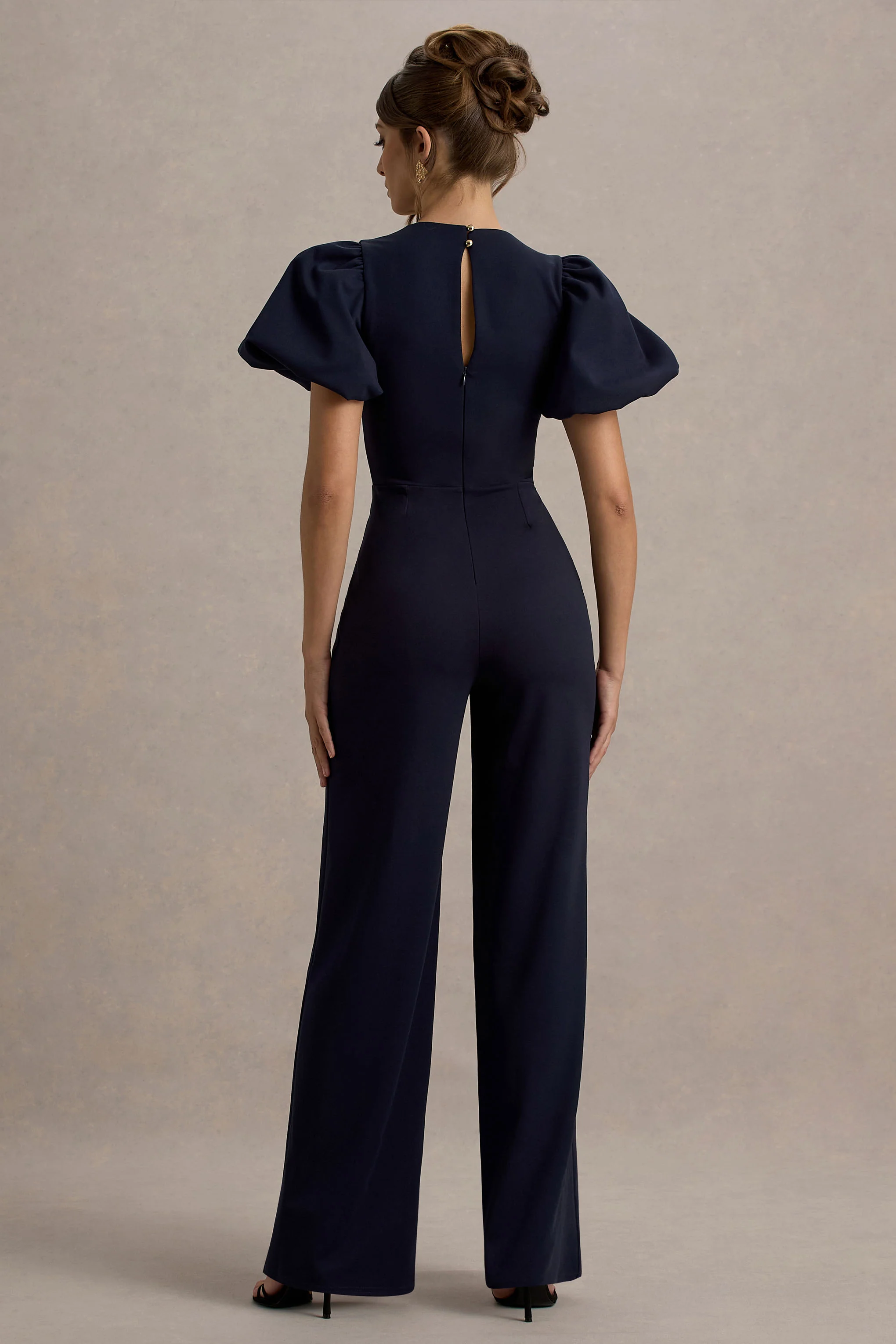 Dillon | Navy Puff-Sleeve Straight-Leg Jumpsuit