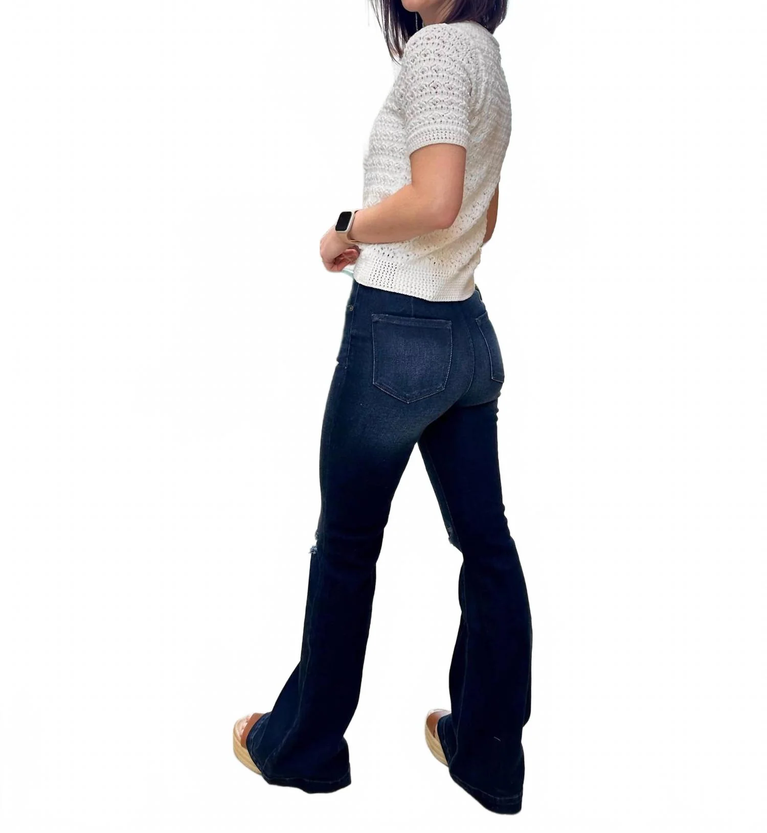 Petite High Rise Button Fly Flare Jeans In Dark