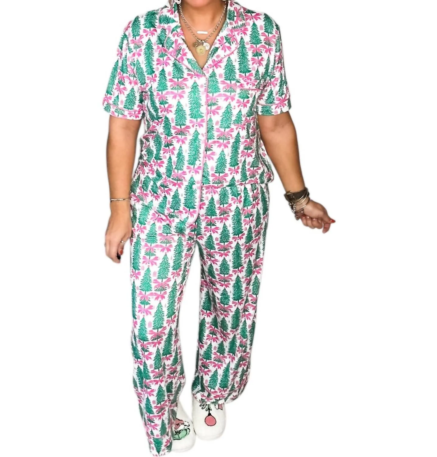 Tis The Season Luxe Pajama Set In Green/pink/white