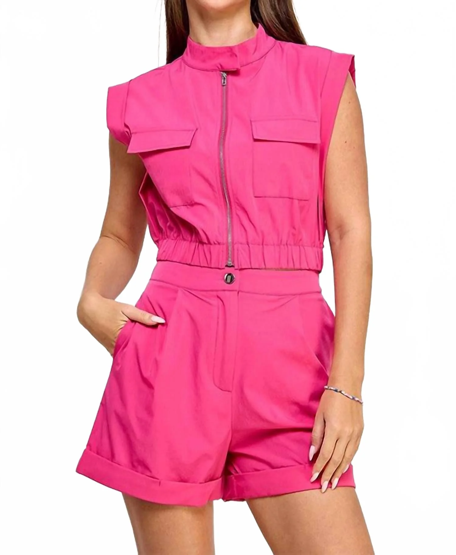Short Sleeve Pocket Vest Top With Rolled Up Short Set In Hot Pink