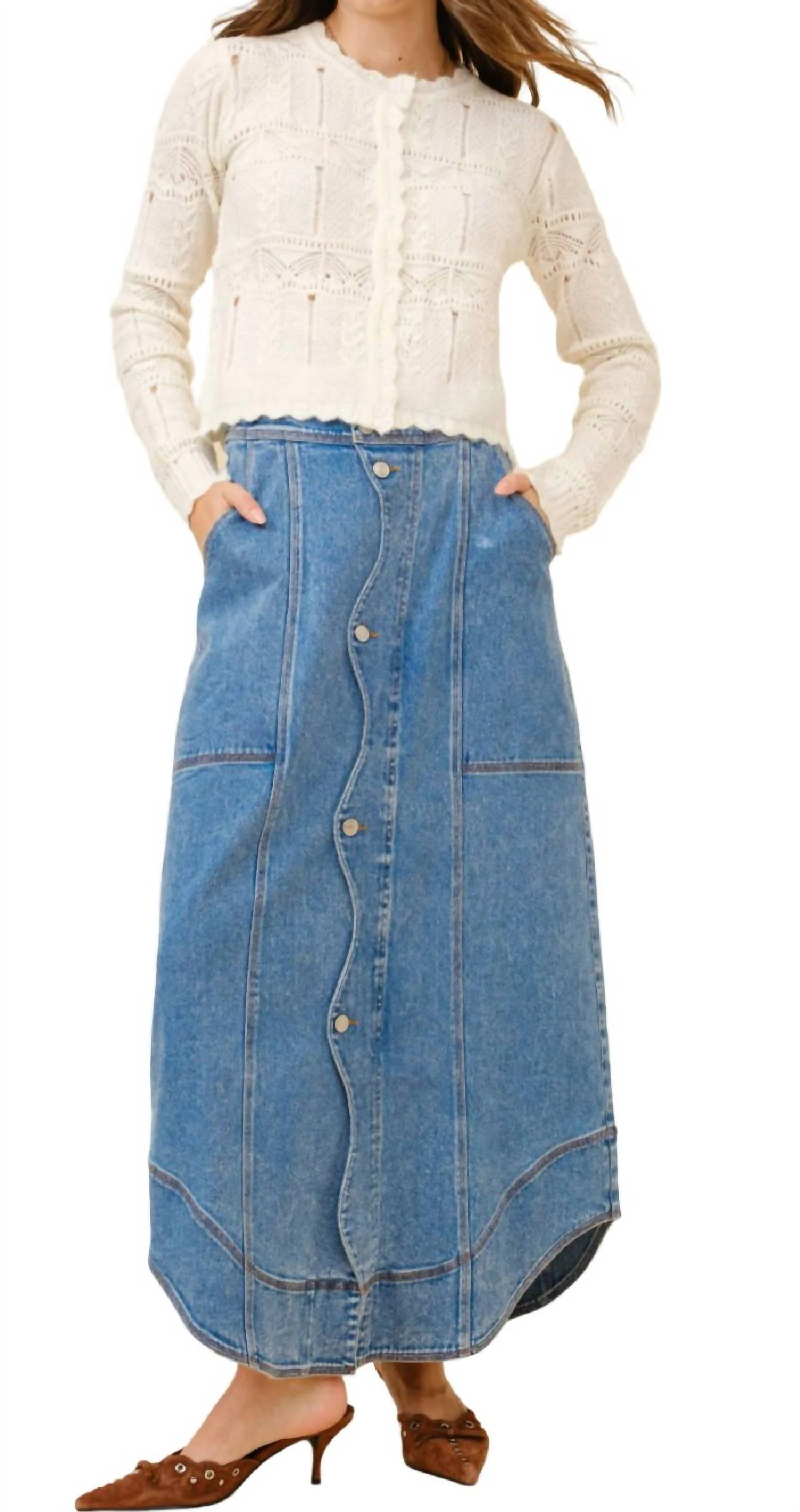 Wavy Placket Denim Maxi Skirt In Medium Wash