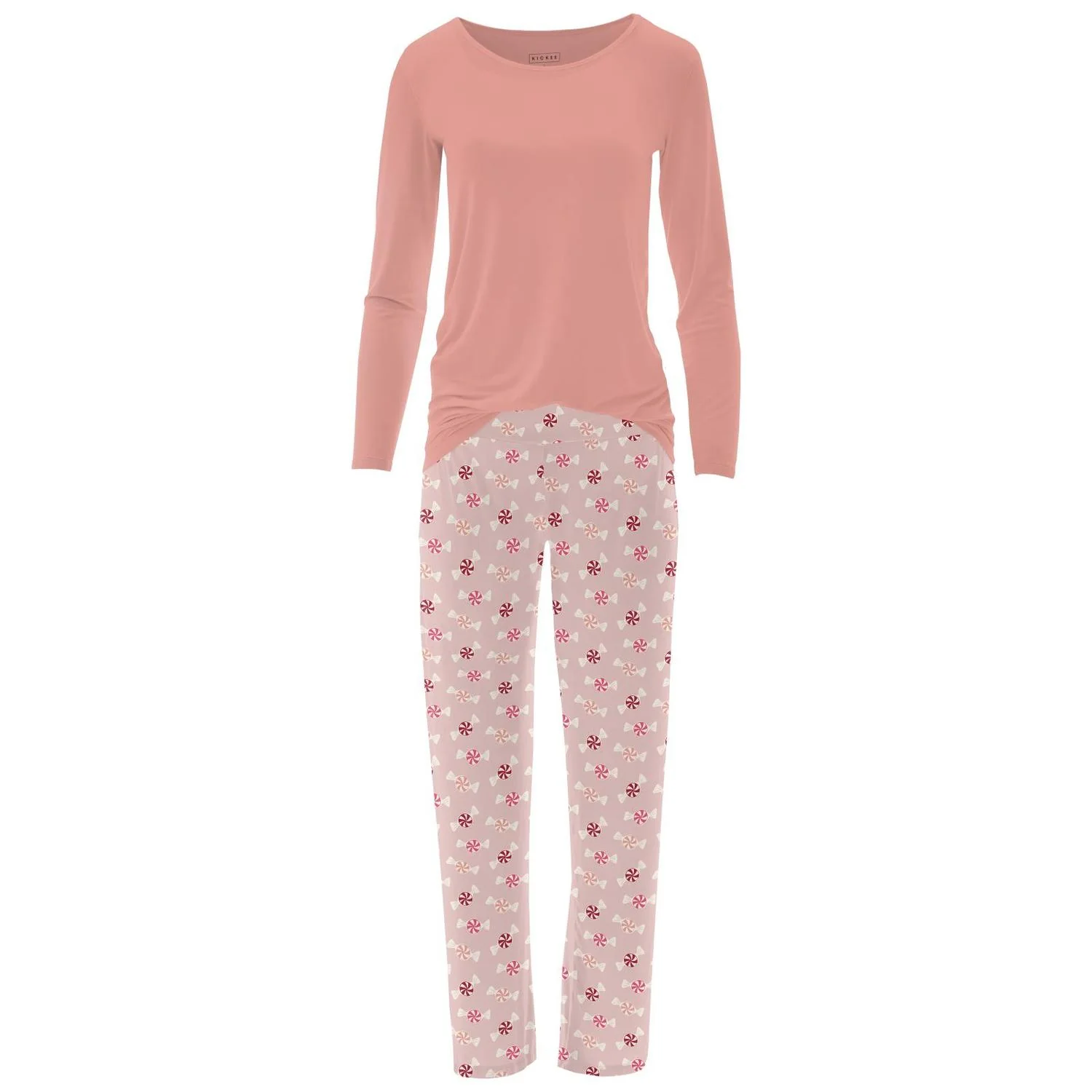 Women's Long Sleeve Tee & Pajama Pants Set In Baby Rose Peppermints