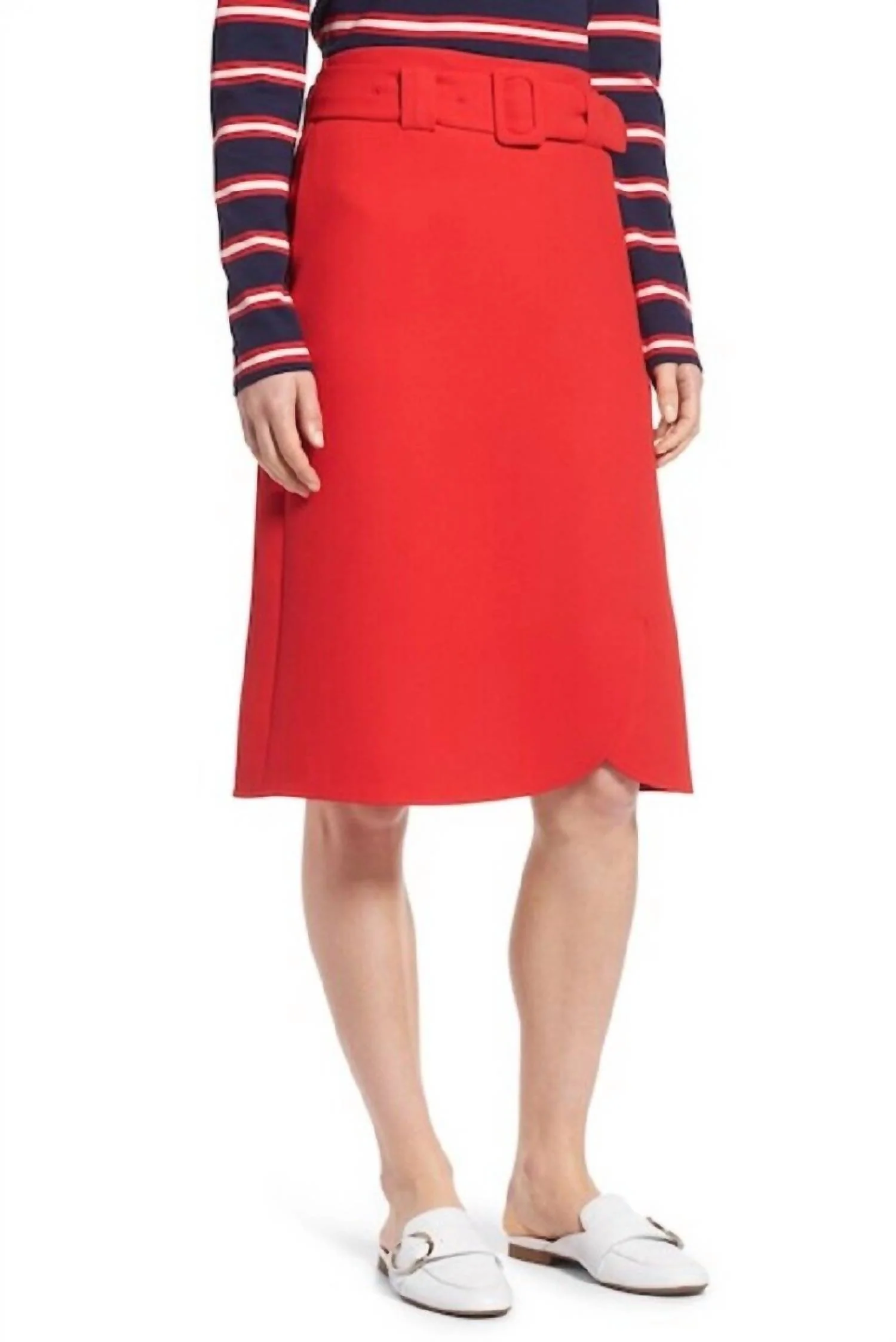 Red A Line Belted Workwear Preppy Midi Skirt