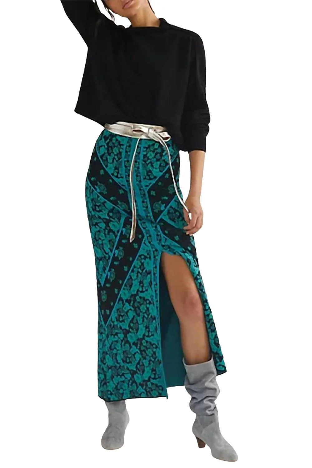 Floral Knit Midi Skirt In Green