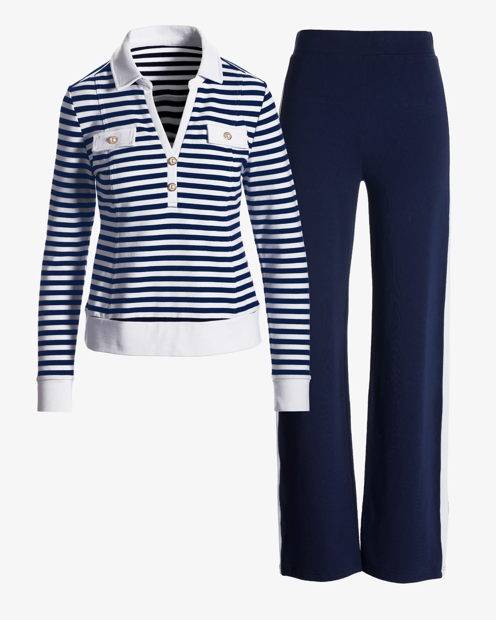 Lace Up Pearl Stripe French Terry Top and Pant Set Navy/White
