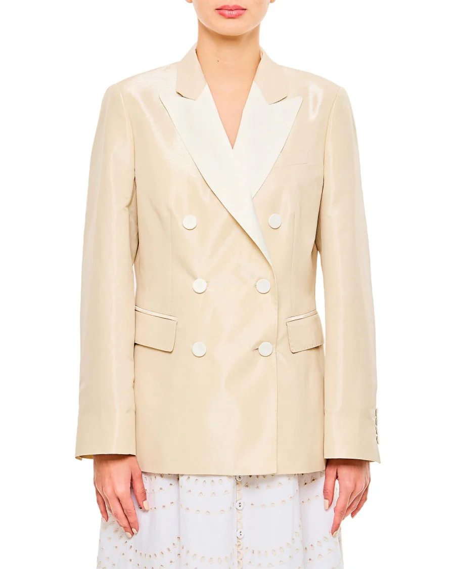 Beige Double-Breasted Jacket With Flap Pockets And Shiny Finish