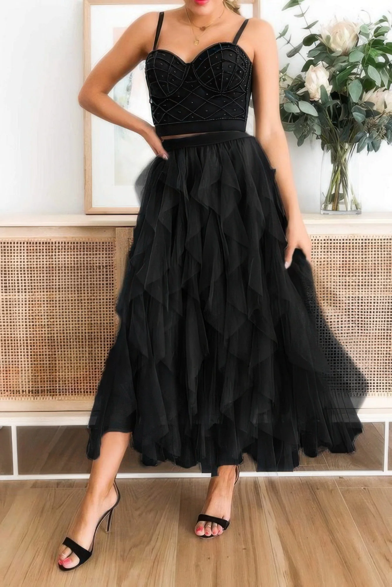 TRUEDAMES A Line Long Tulle Tiered Skirts