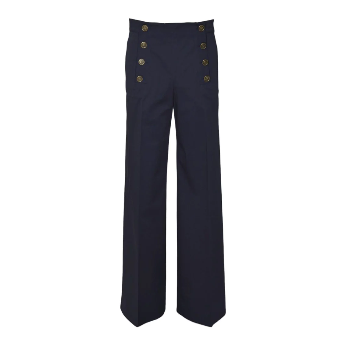 Blue Cotton Straight Trousers With Buttons