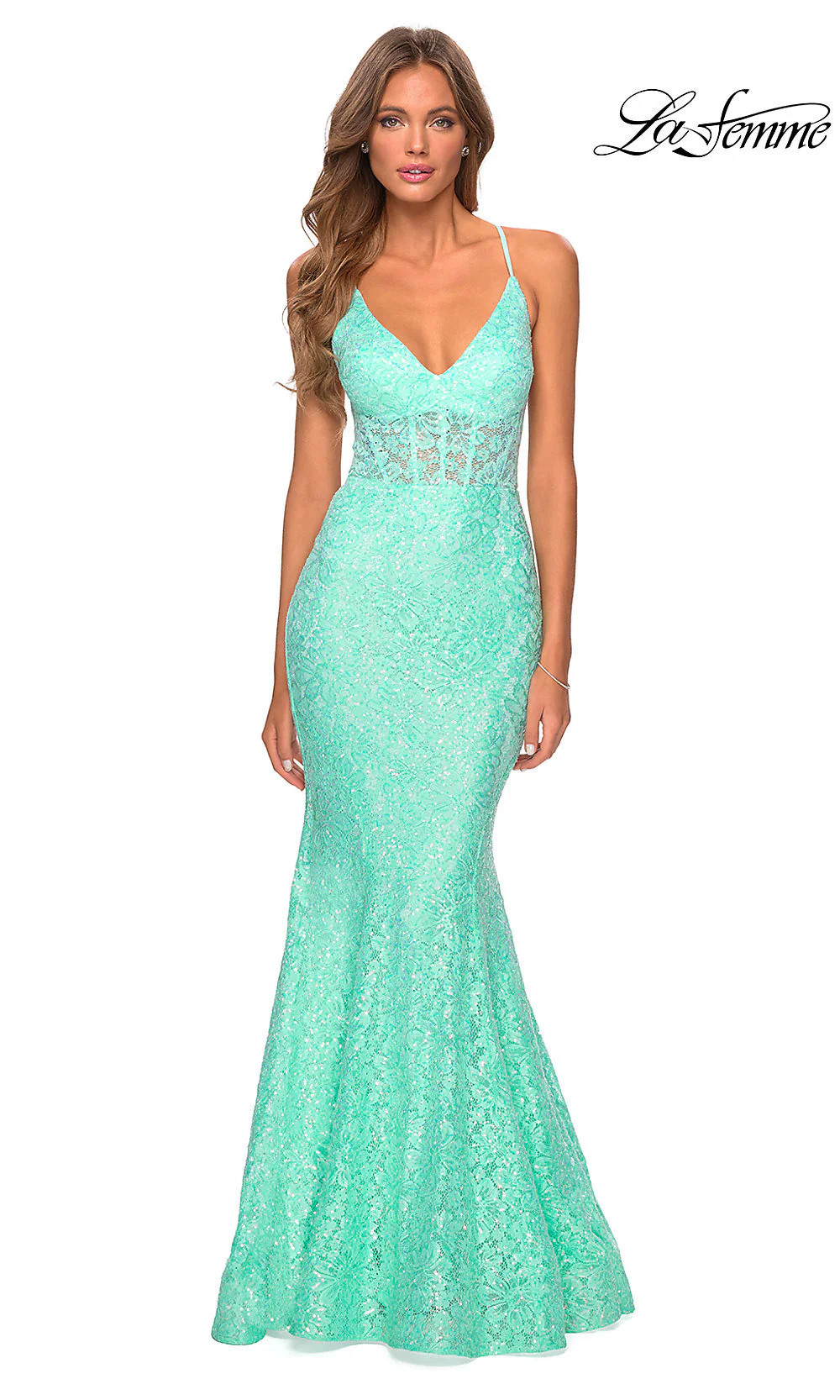 La Femme Sheer-Waist Long Sequin-Lace Formal Dress
