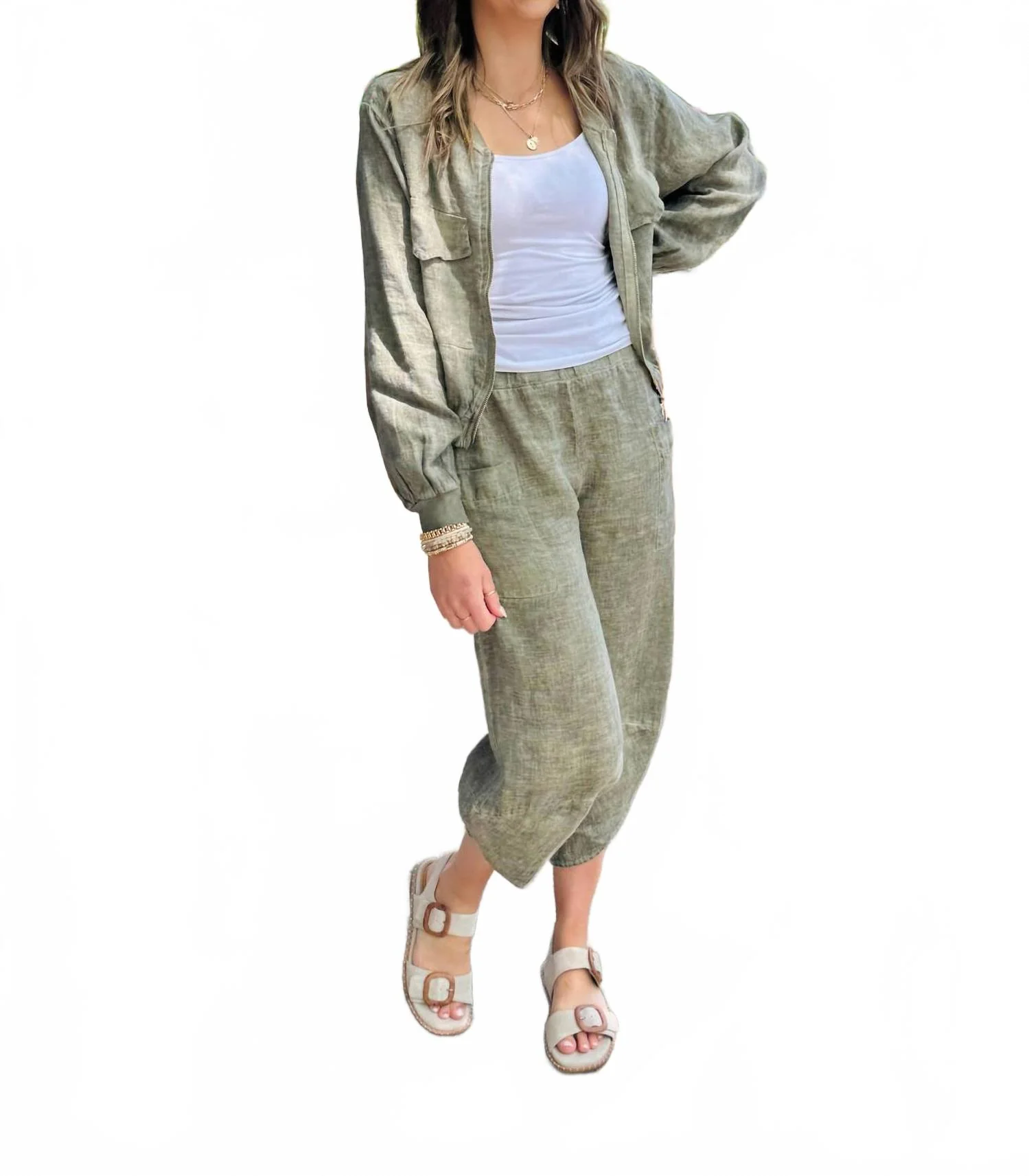 Linen Box Pant In Army Green