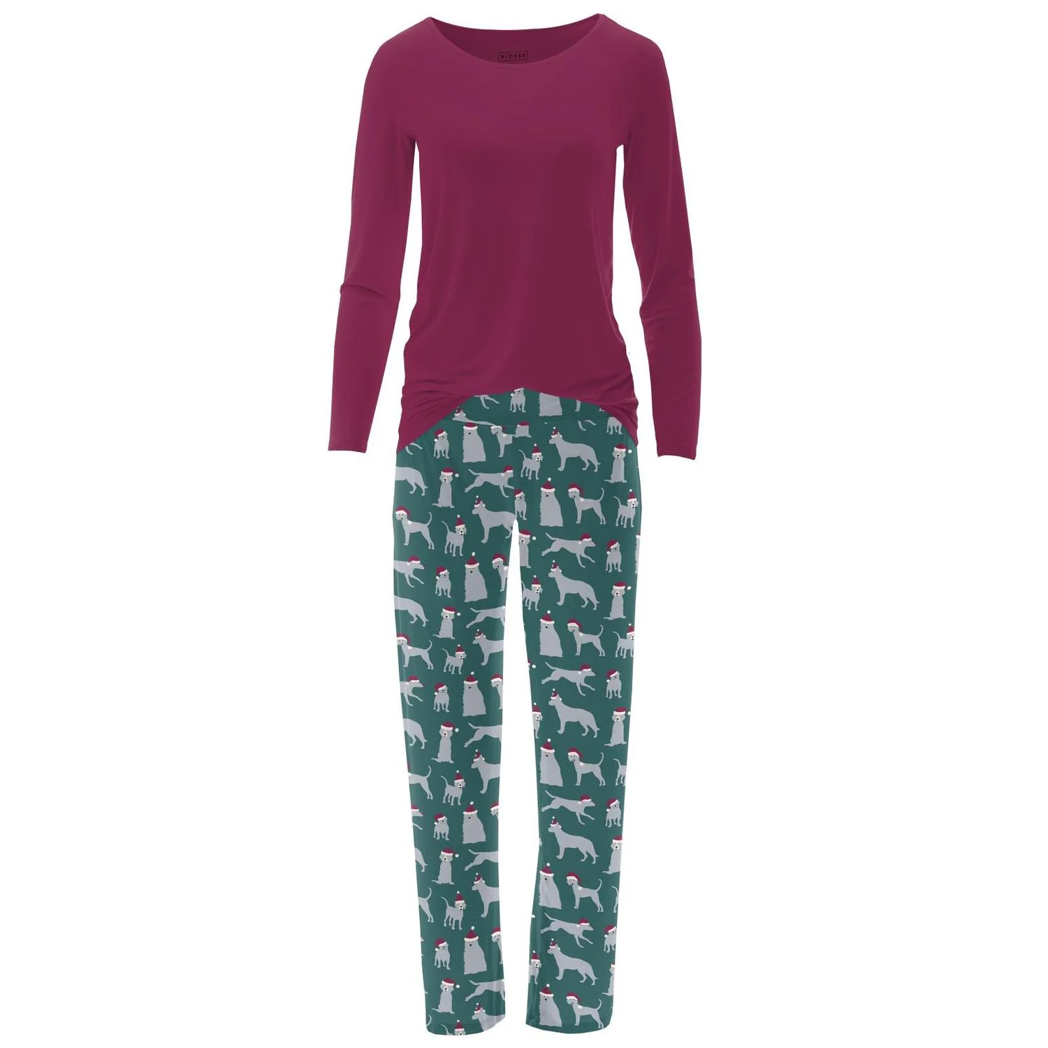 Women's Bamboo Print Long Sleeve Loosey Goosey Tee & Pajama Pants Set In Cedar Santa Dogs