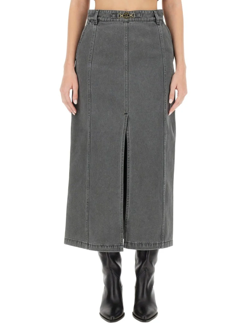 Front Slit Grey Midi Skirt With Visible Stitching