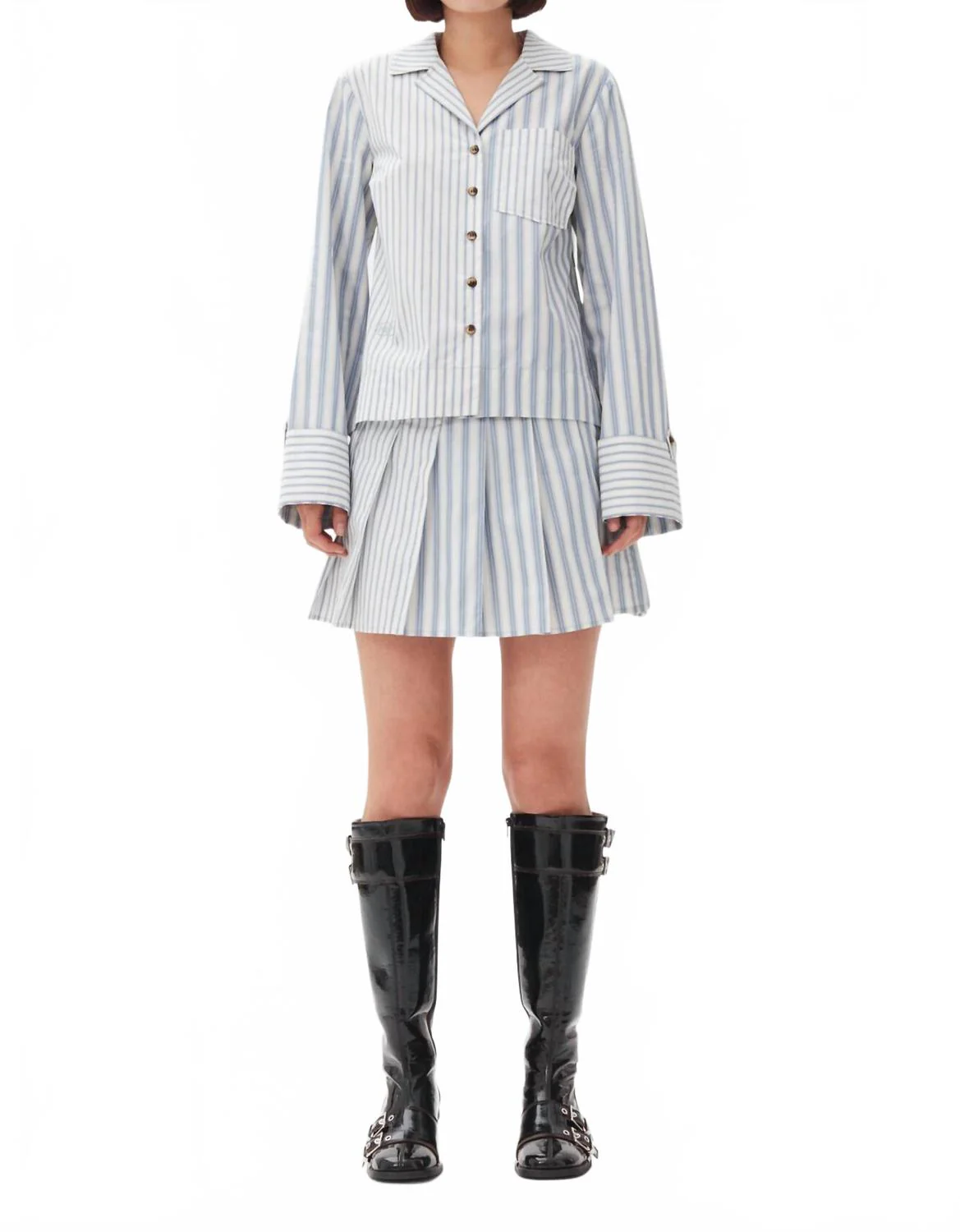 Stripe Cotton Pleated Mini Skirt In Egret