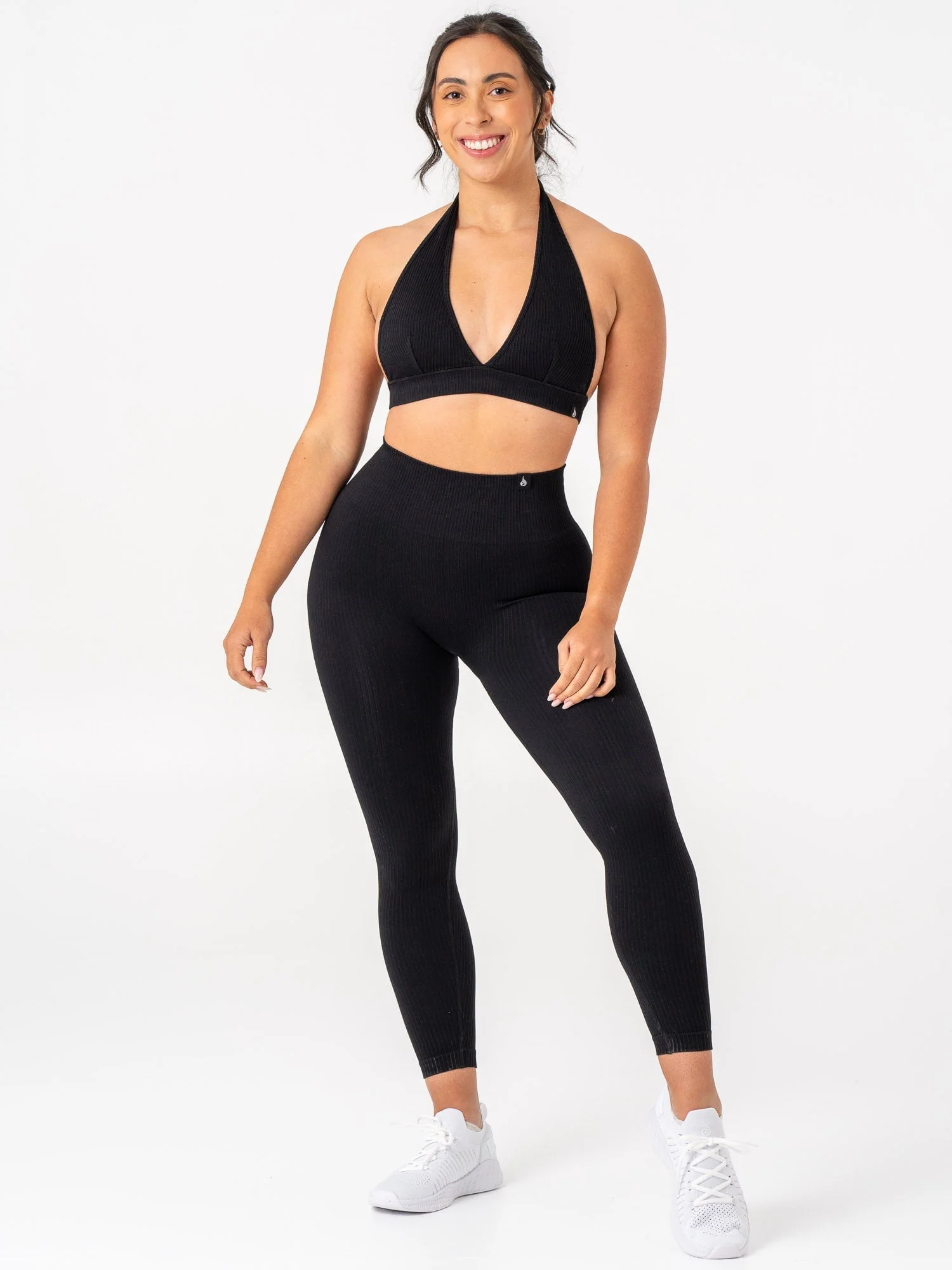 Rib Seamless Halter Sports Bra - Black