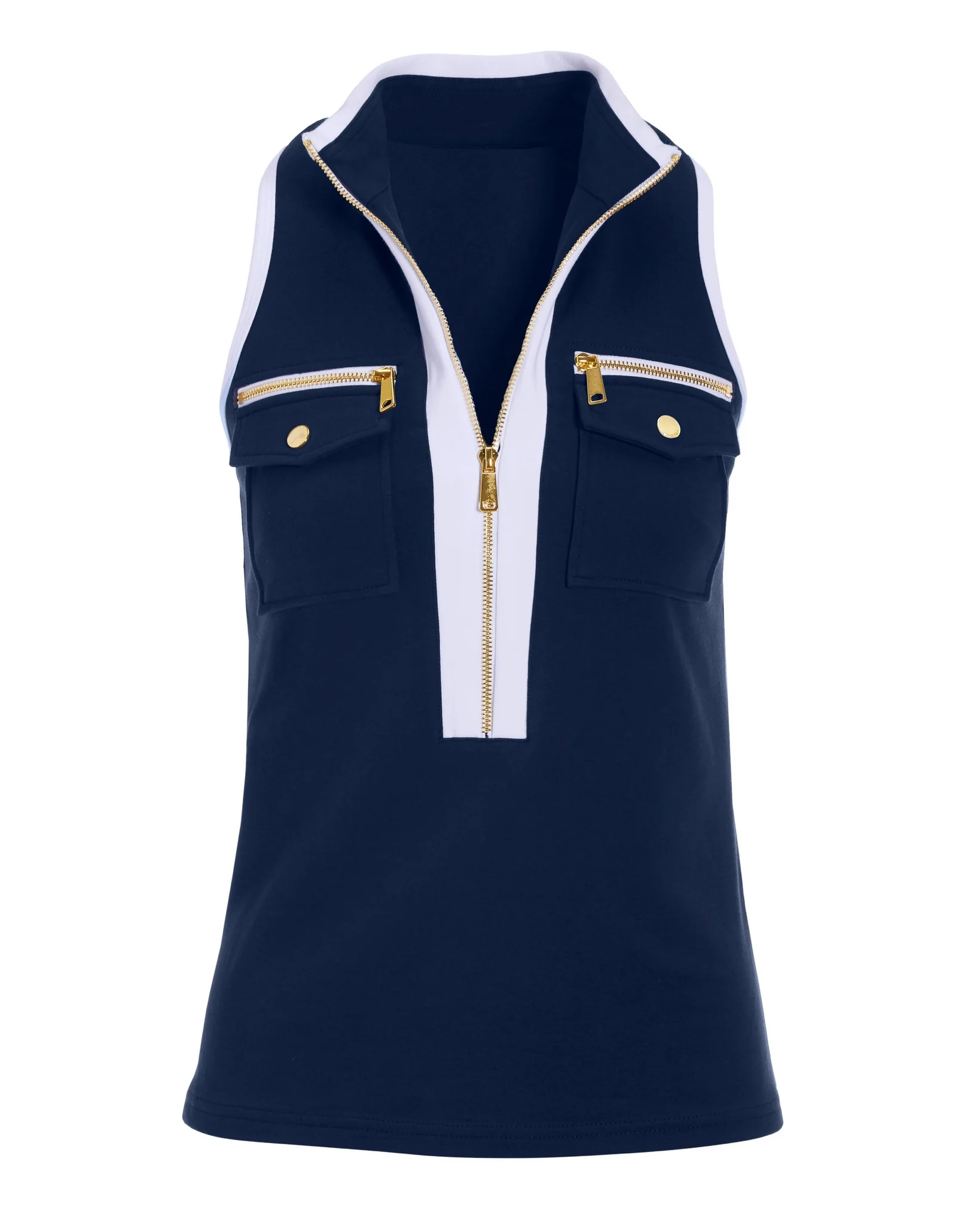 Sleeveless Chic Zip Top Navy/White