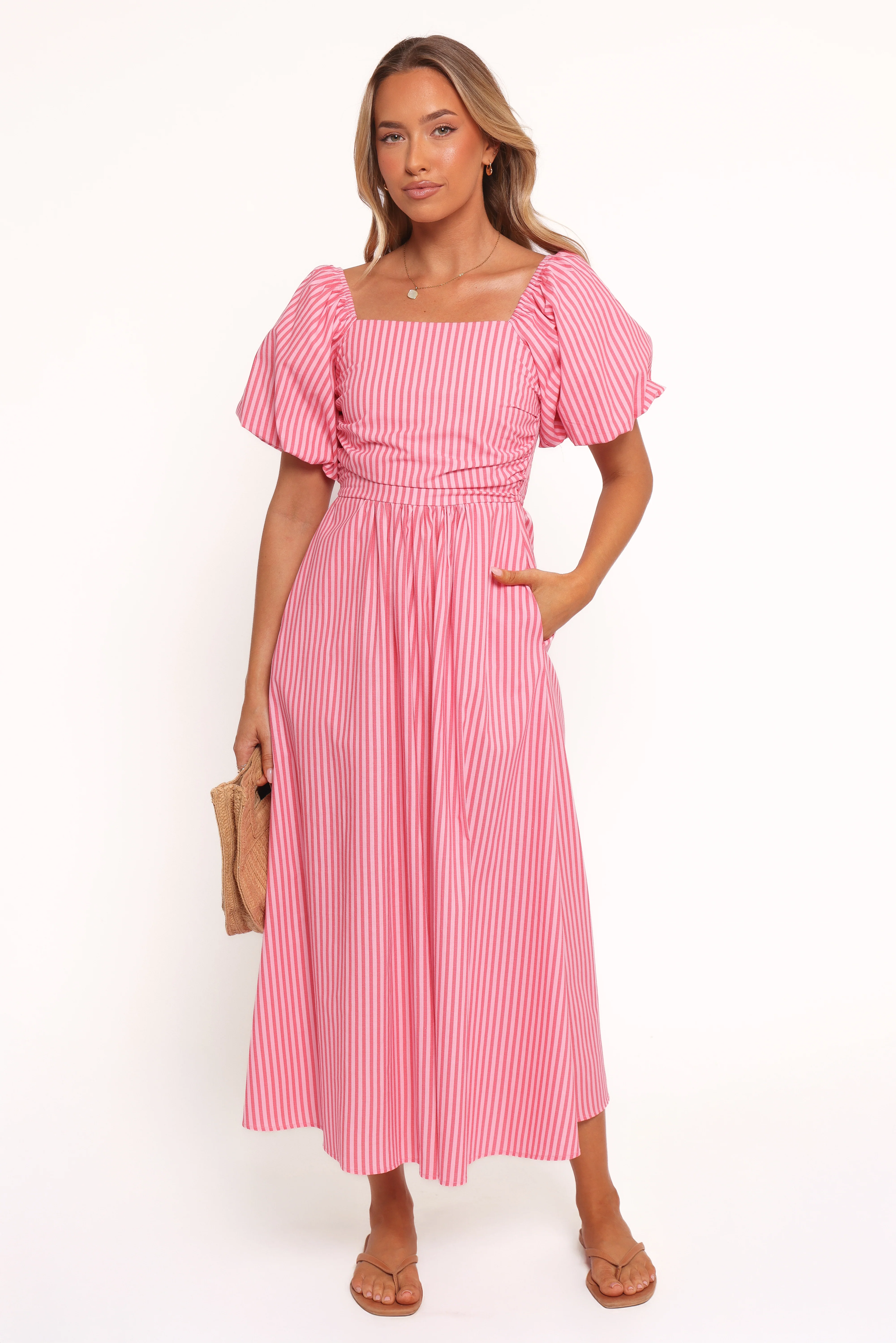 Chlo Puff Sleeve Midi Dress - Red Stripe