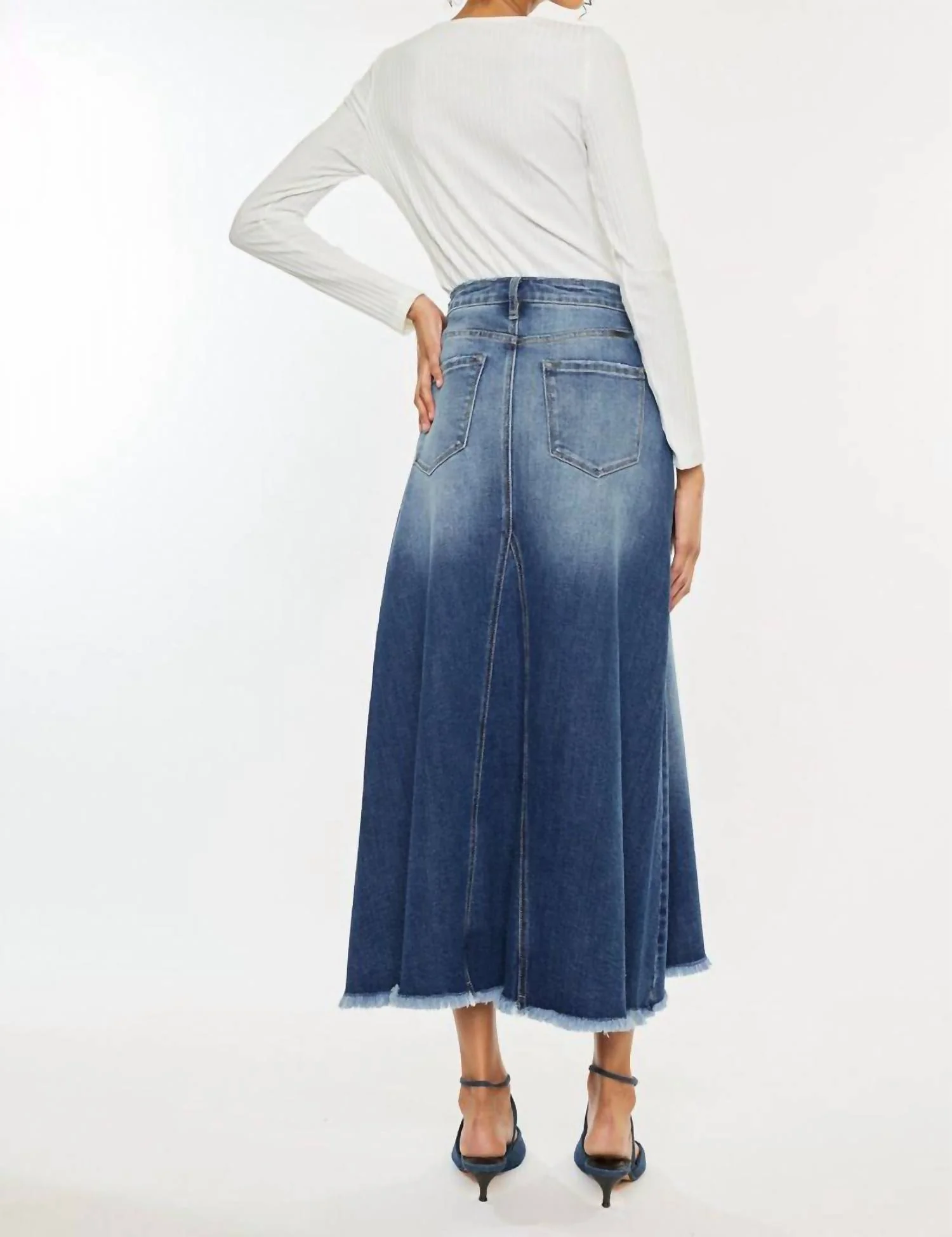 Midnight Denim Maxi Skirt In Dark Stone Wash
