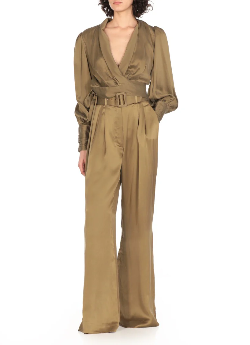 Green Wide-Leg Silk Tuck Pants