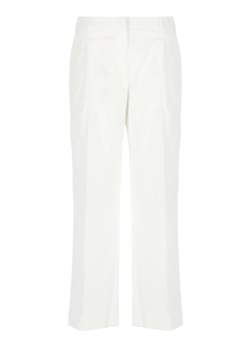 Cropped White Cotton Pants With Wide Leg And Turn-Up Hem