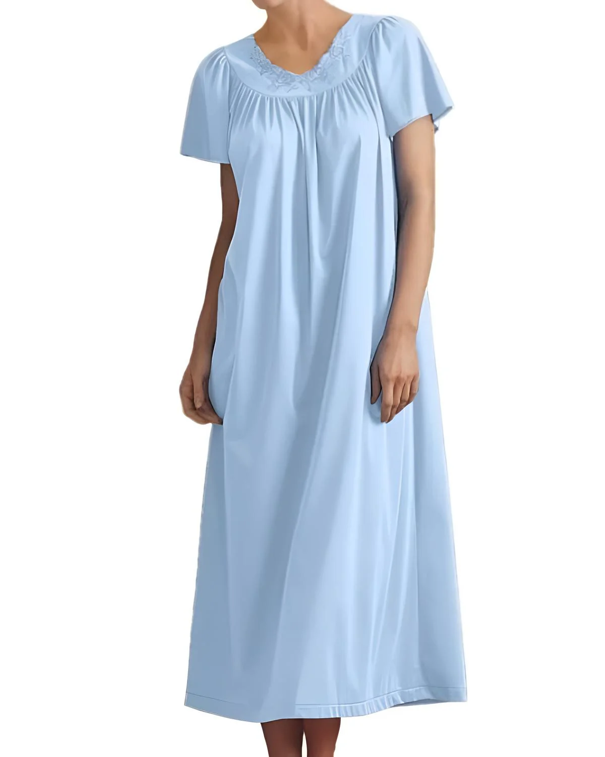 Flower Petal Embroidery And Flutter Sleeves Long Nightgown In Blue