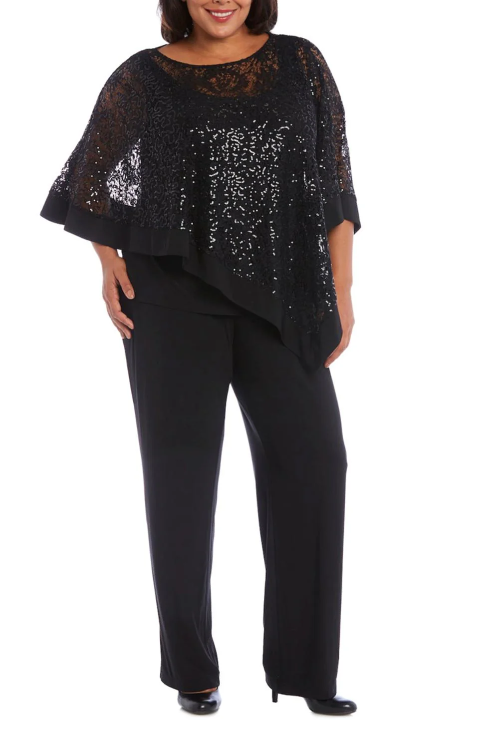 Sequined Lace Poncho 2-Piece Pants Set In Black