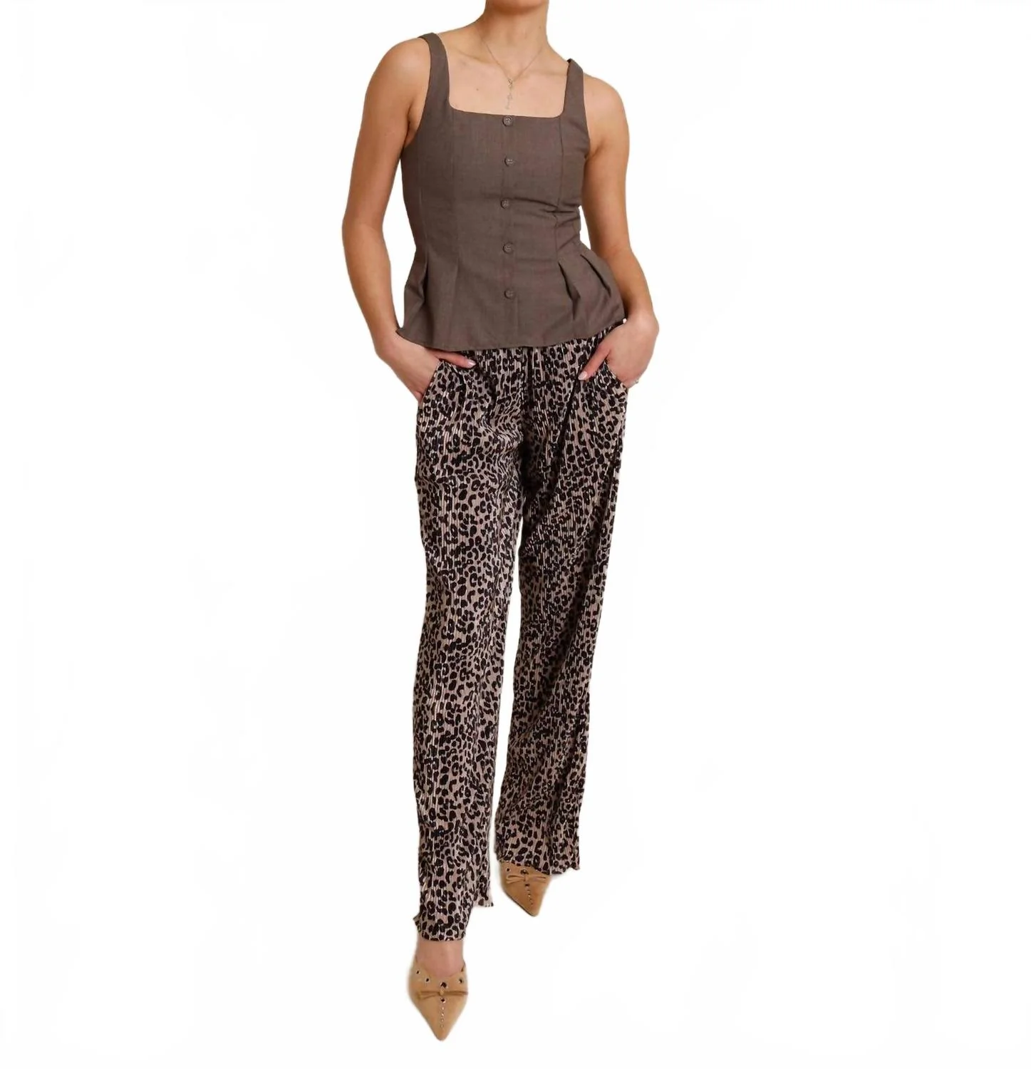 Leopard Print Fancy Wide Leg Pants In Brown