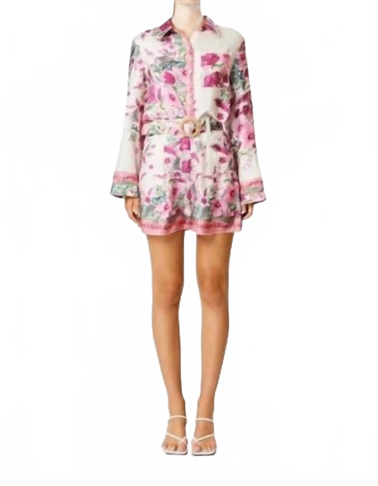 Poolside Collared Long Sleeve Top And Short Set In Multi