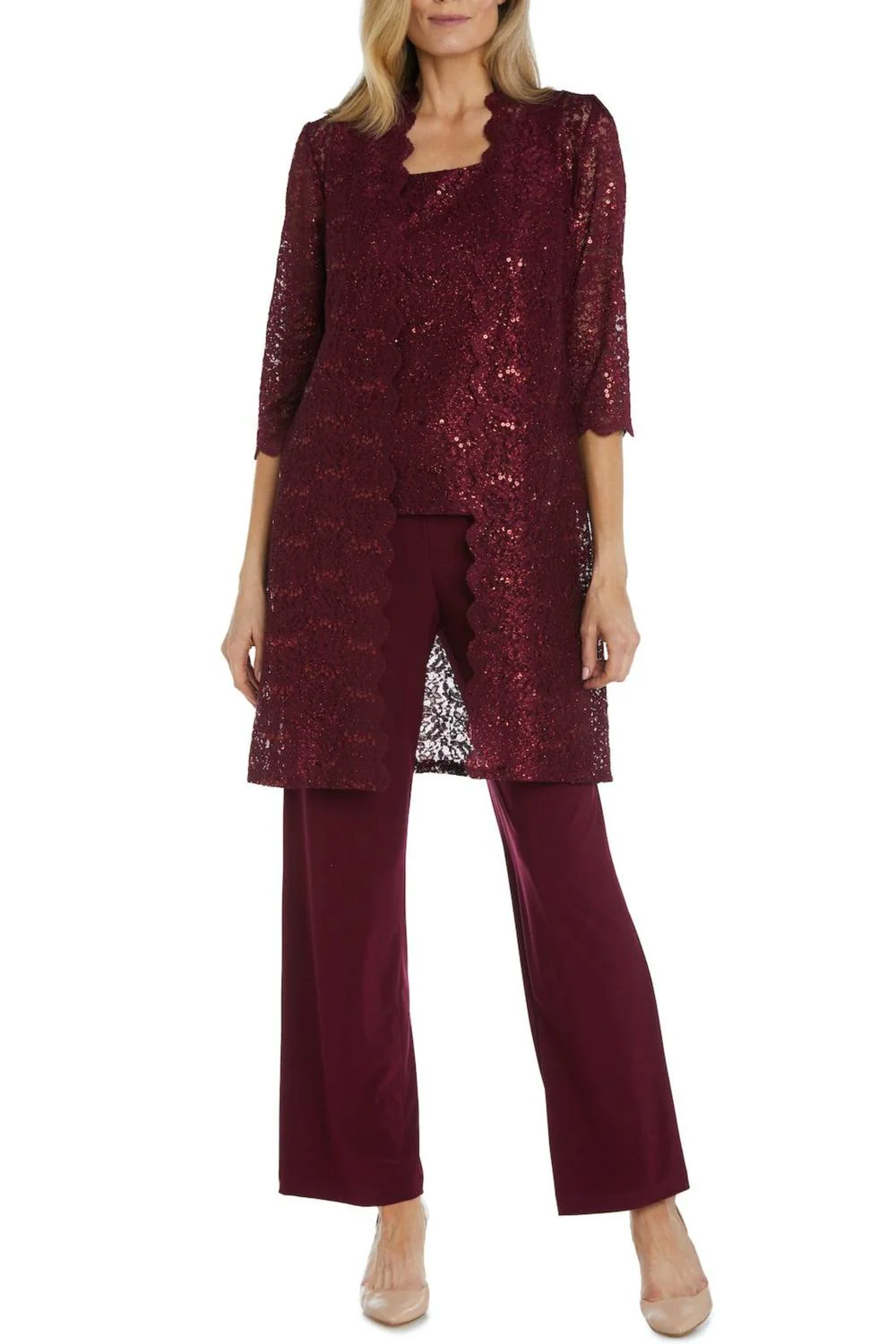 Lace 3/4 Sleeve 3-Piece Pants Set In Merlot