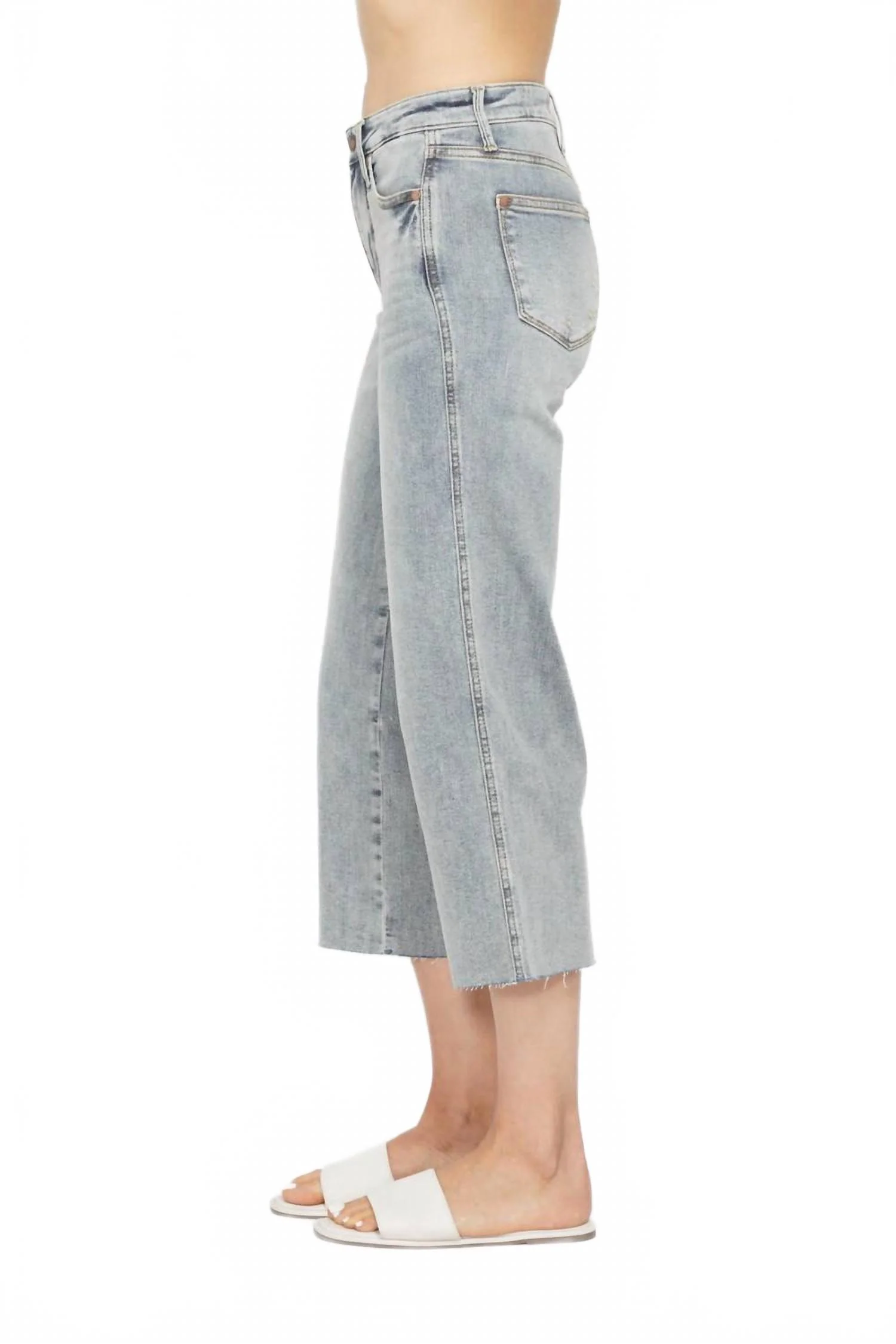 Mid Rise Tummy Control Cropped Wide Leg Jeans In Denim