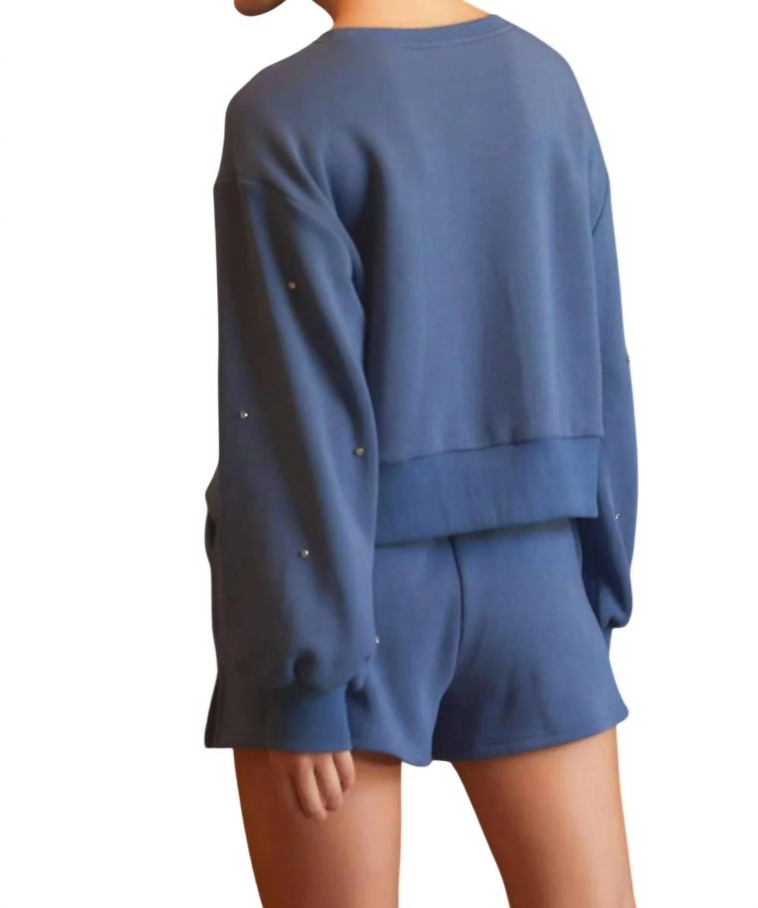 Jaydeen Rhinestone Embellished Sweatshirt Top & Short Set In Mineral Blue