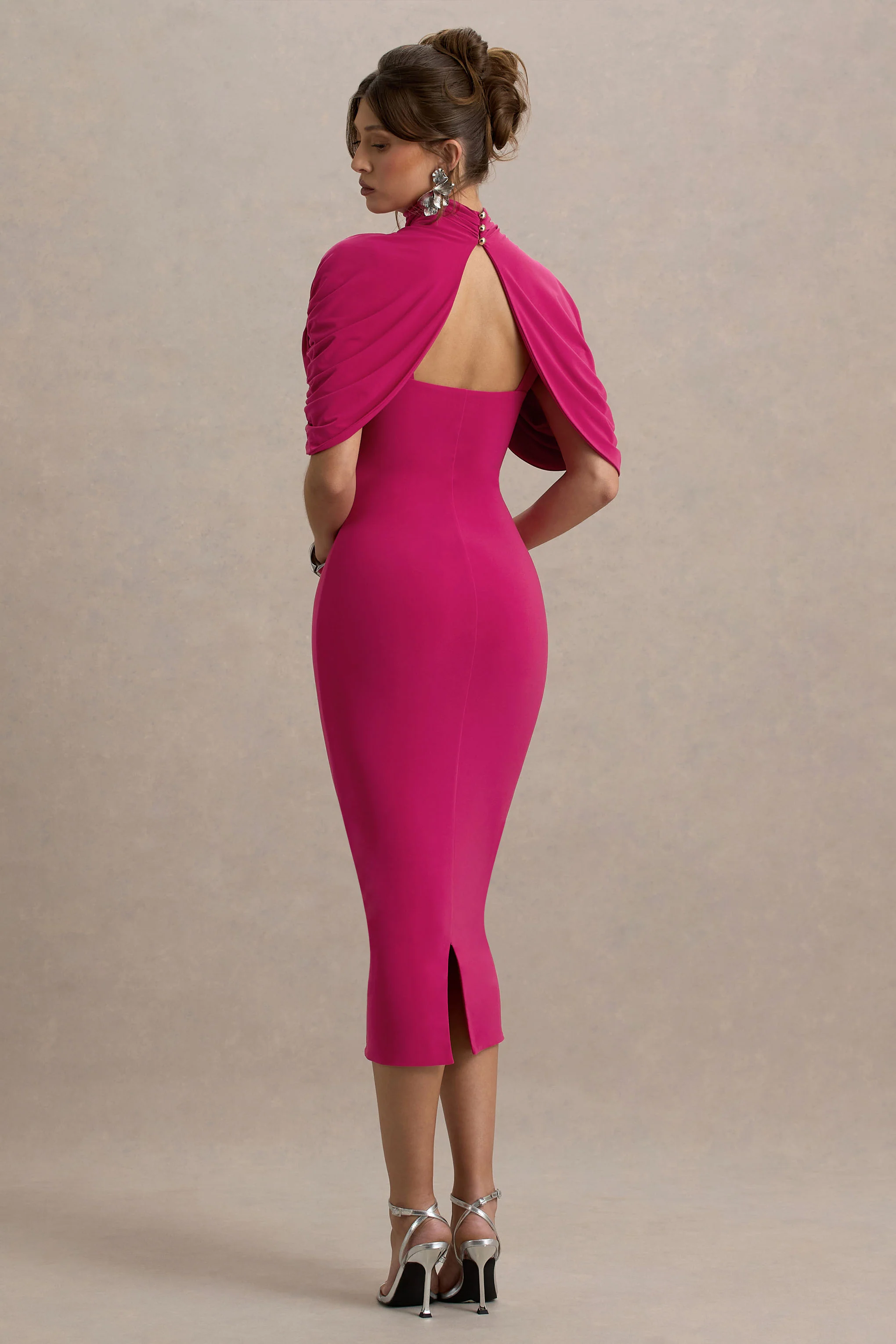 Cecille | Hot Pink Midi Dress With Cape Sleeve Detail