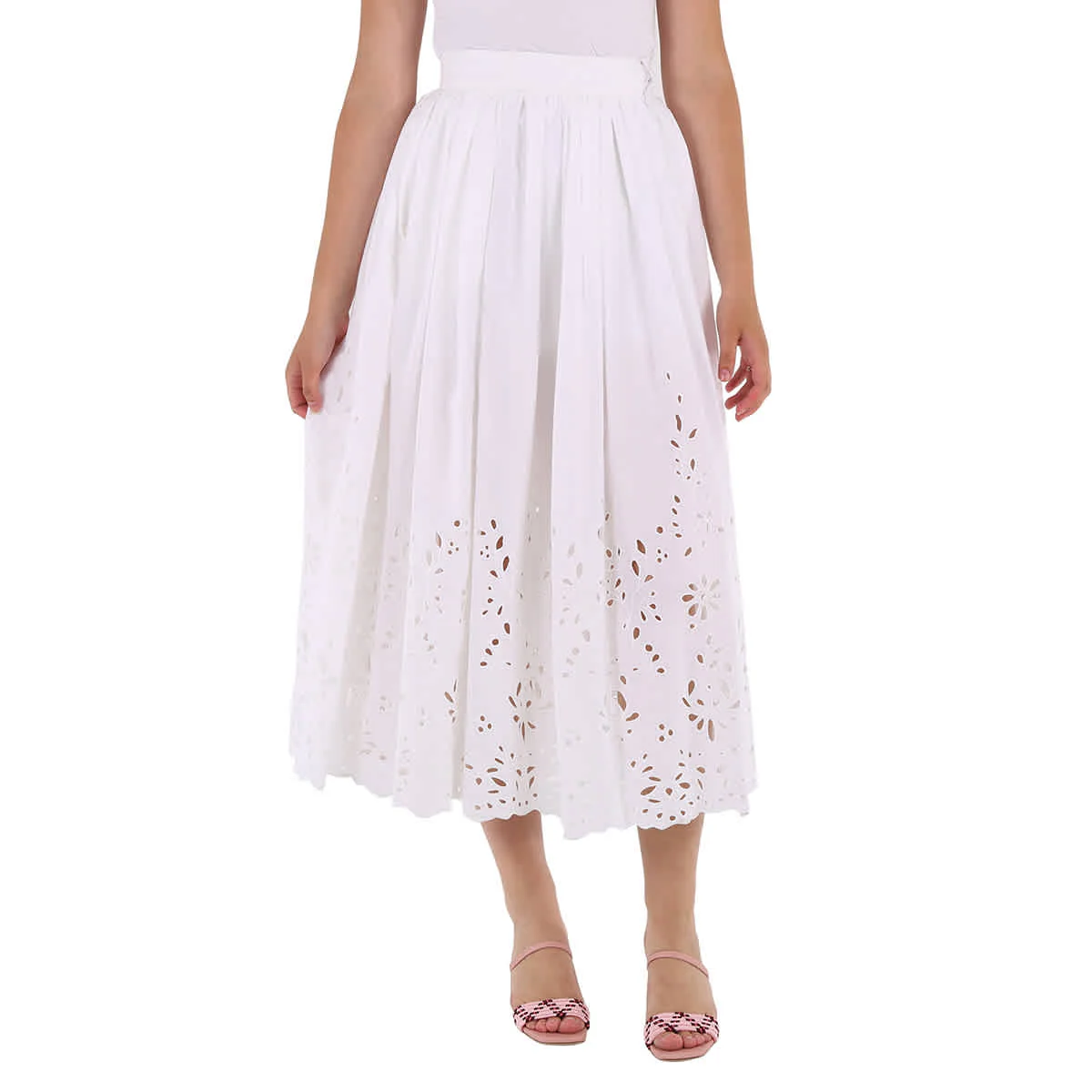 Chloe Ladies White Broderie Anglaise Flared Embroidered Midi Skirt